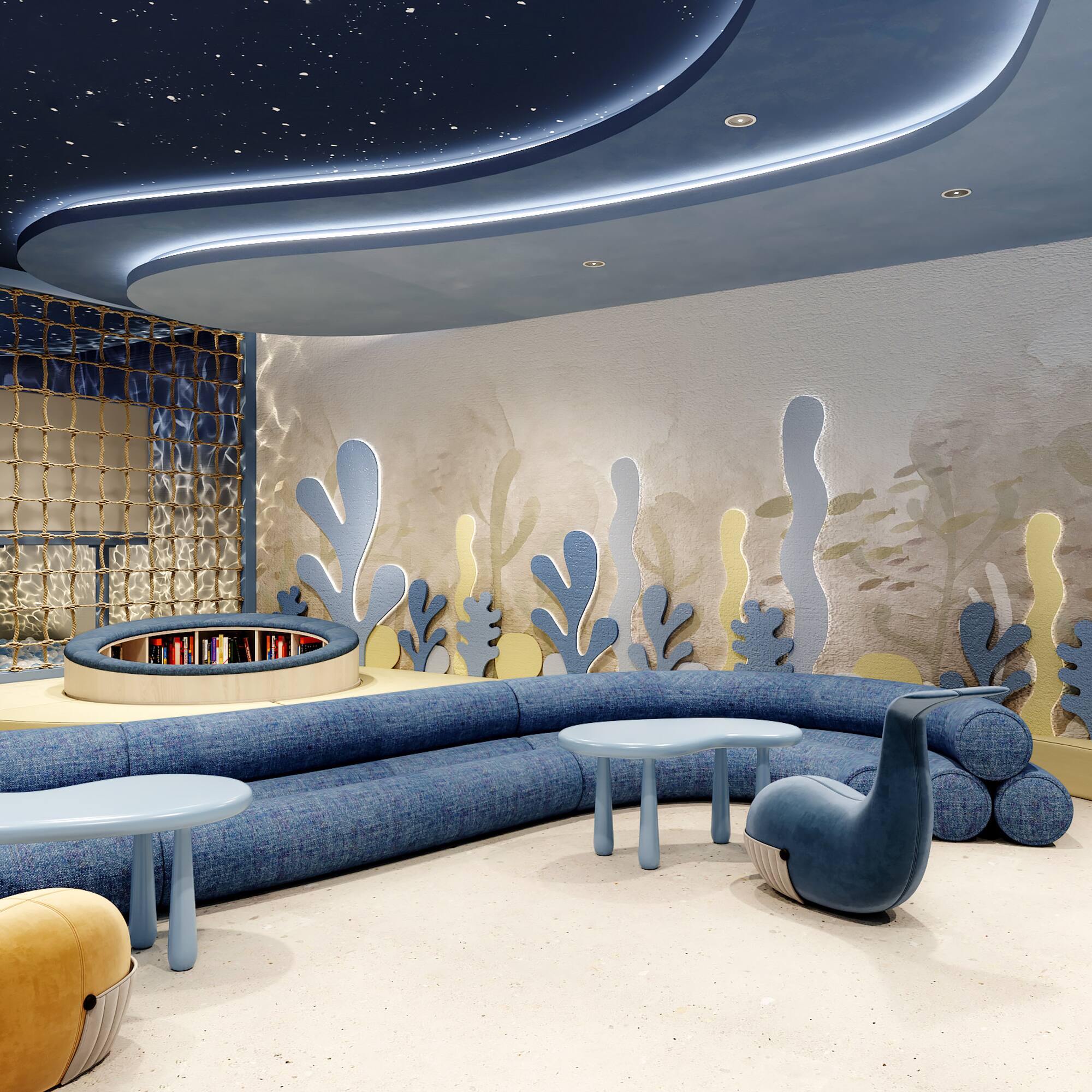 a room with a couch and tables