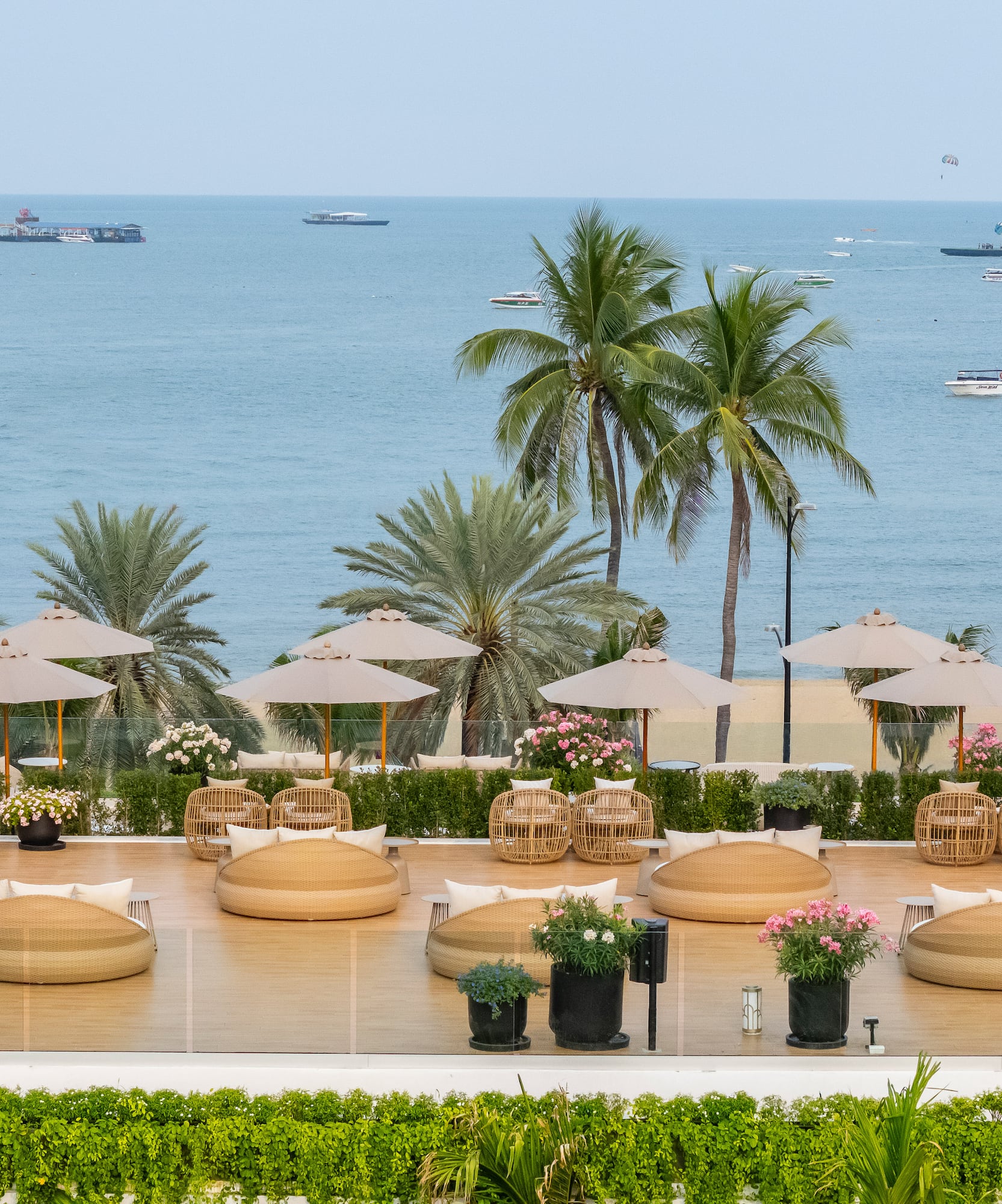 Beach resort terrace with lounge seating, palm trees, and ocean view.