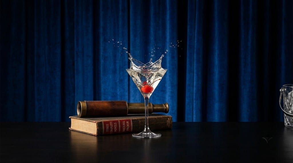Elegant martini splash with cherry, vintage book, telescope, blue curtains.