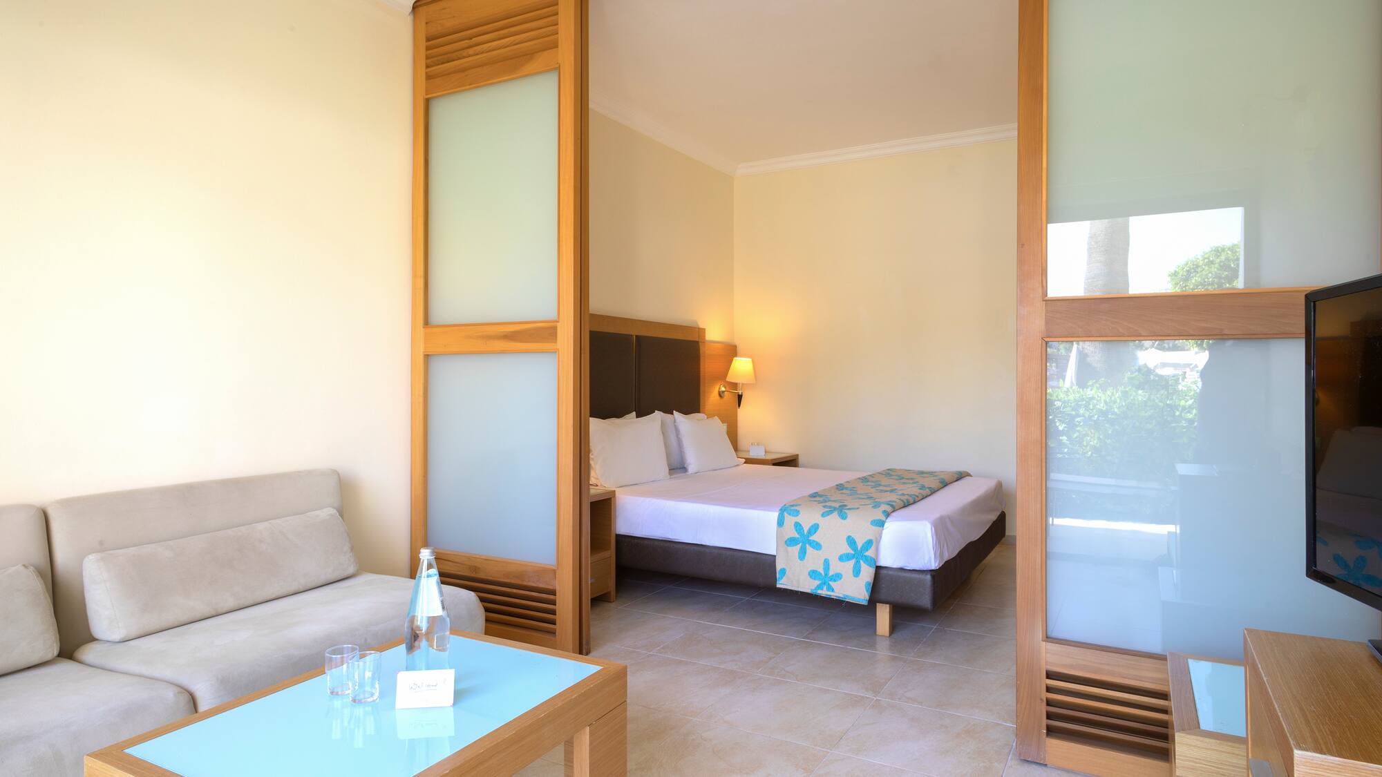 a room with a bed and a table