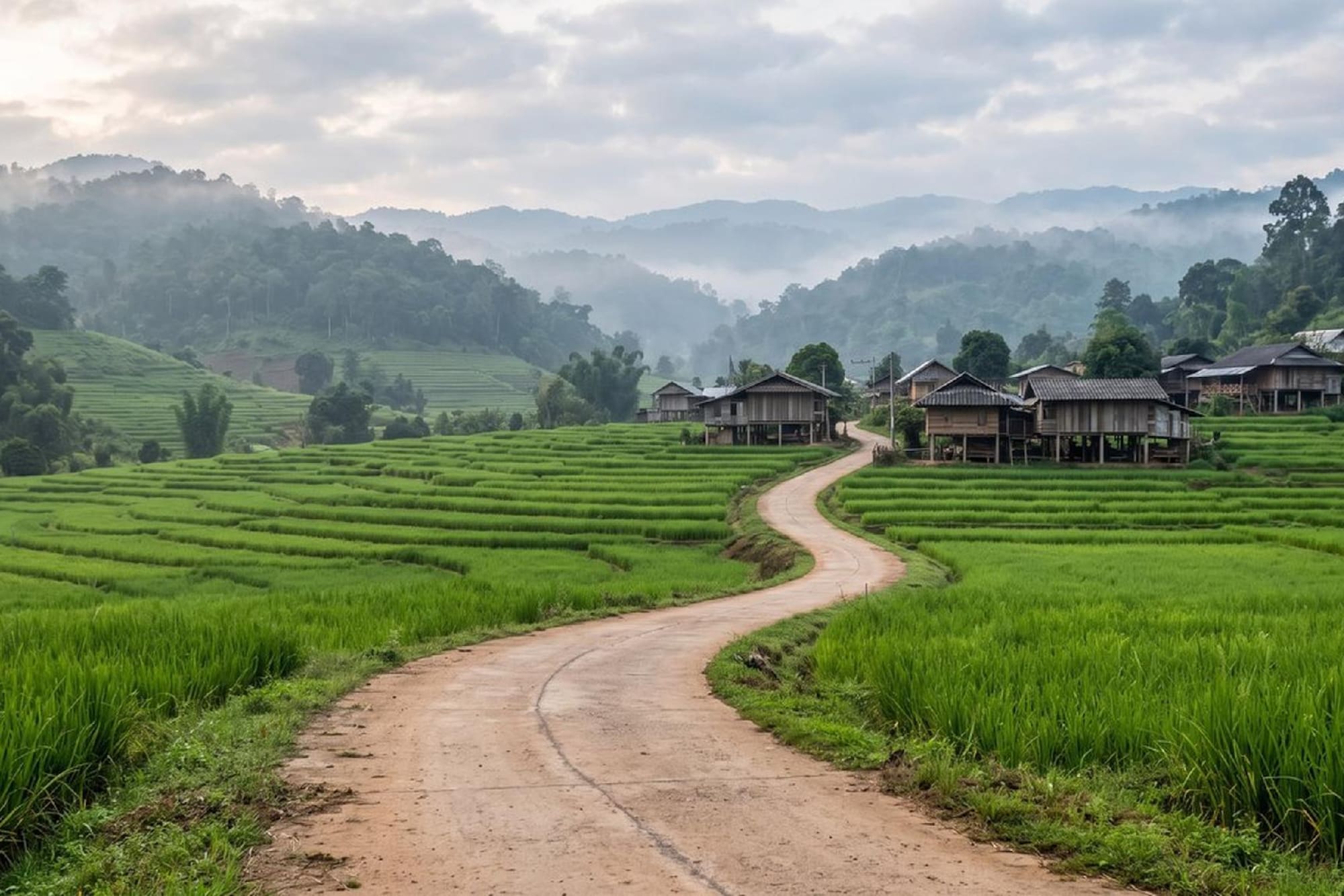 Winding road through green rice terraces, rural village, and misty mountains.