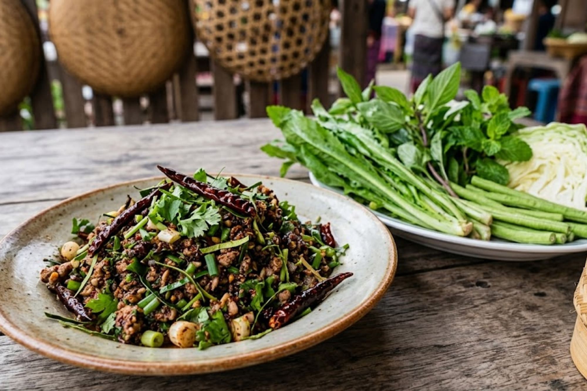 Thai Larb salad with fresh vegetables and sticky rice on a wooden table.