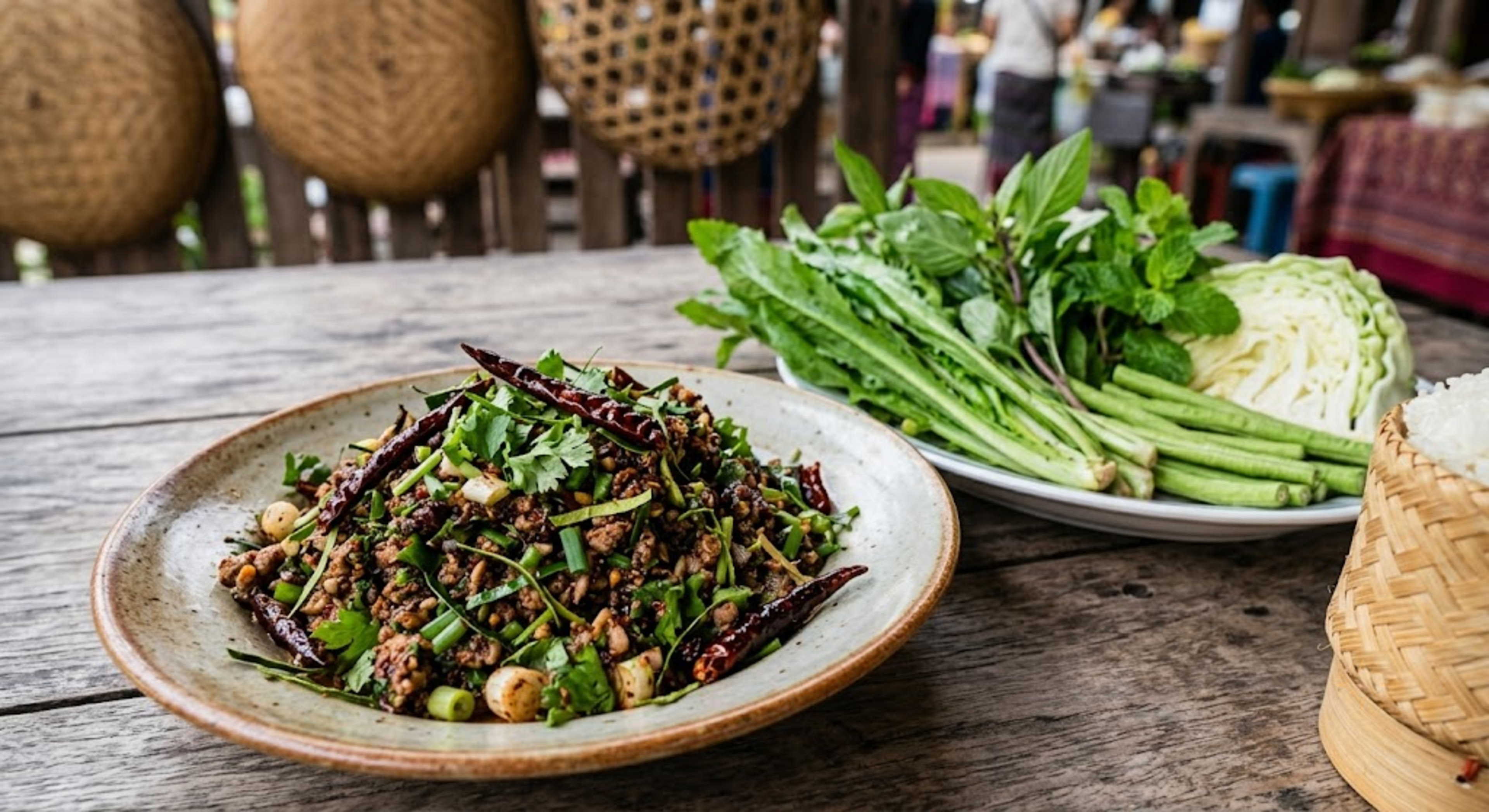 Thai Larb salad with fresh vegetables and sticky rice on a wooden table.