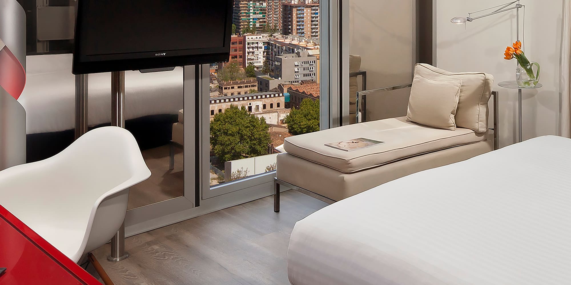 a room with a television and a table