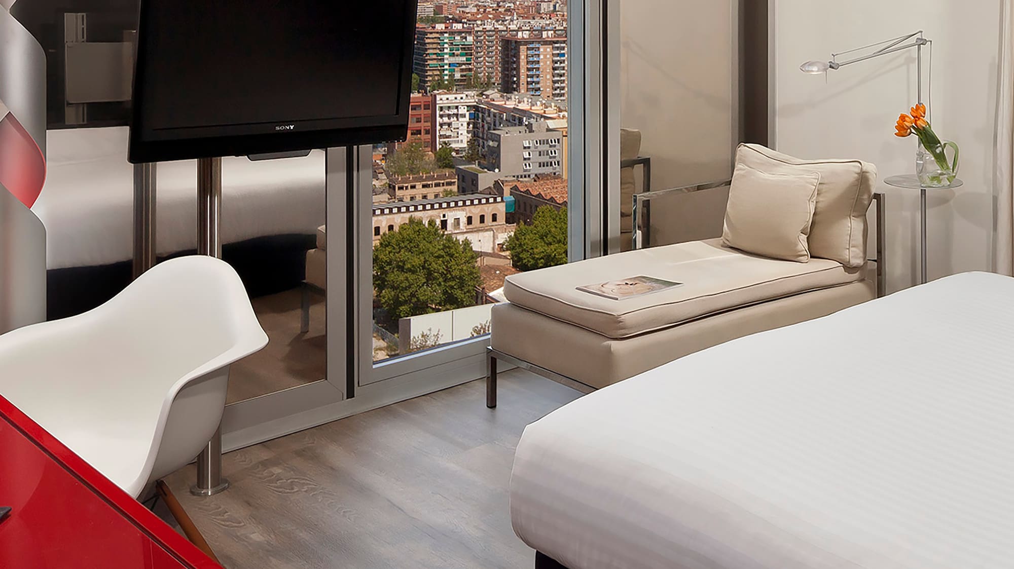 a room with a television and a table