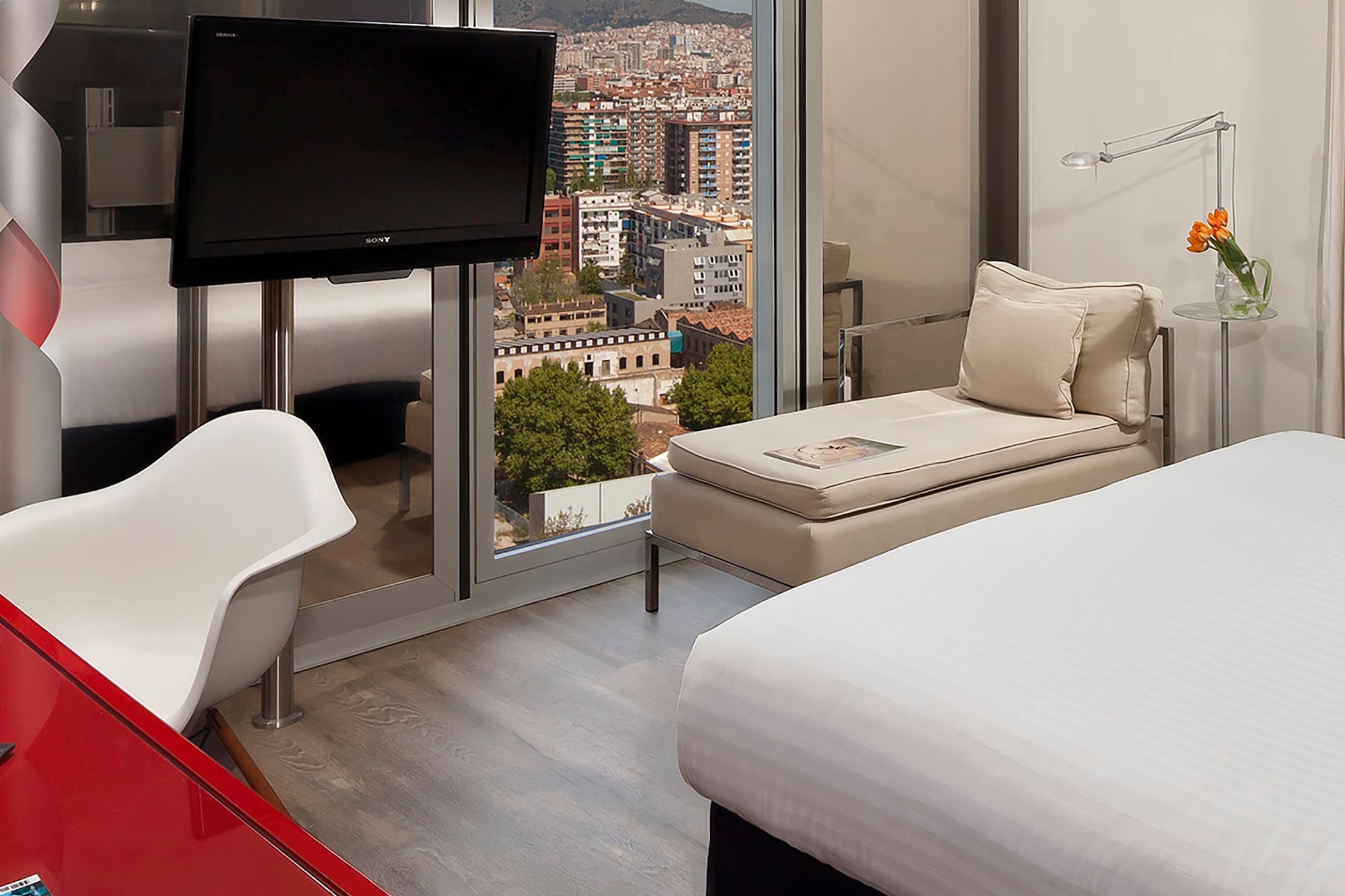 a room with a television and a table