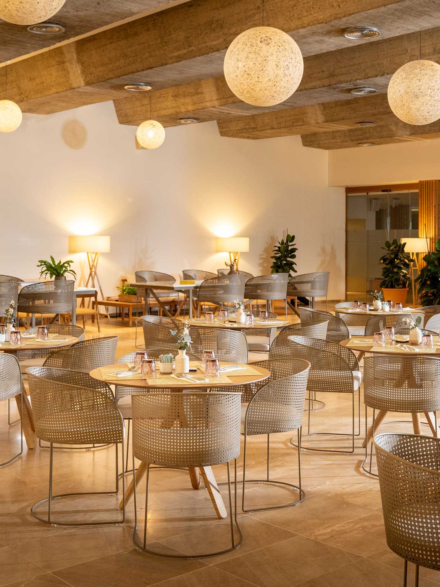 a room with tables and chairs