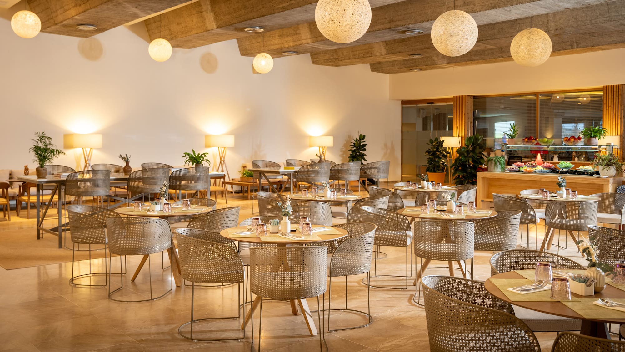 a room with tables and chairs