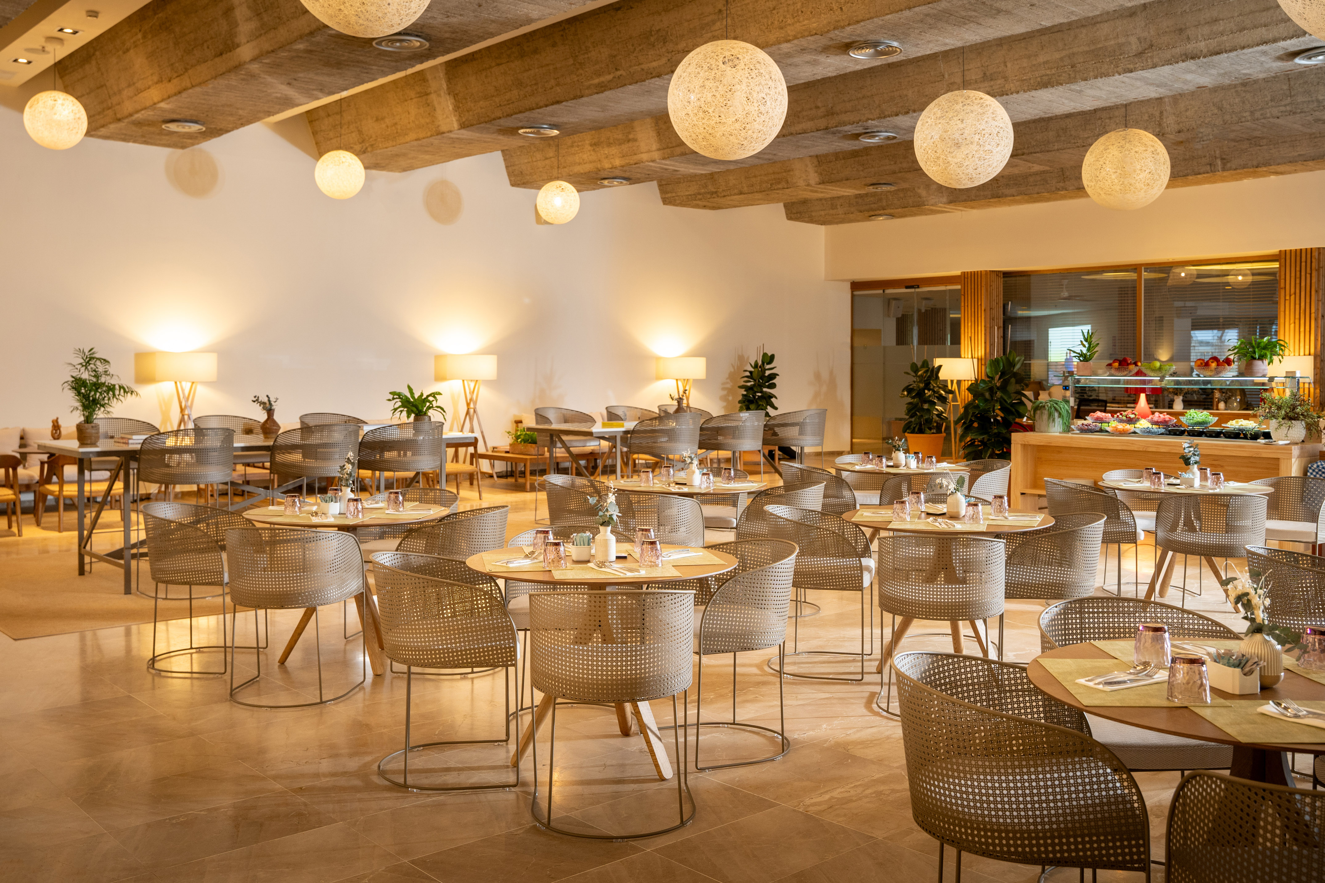 a room with tables and chairs