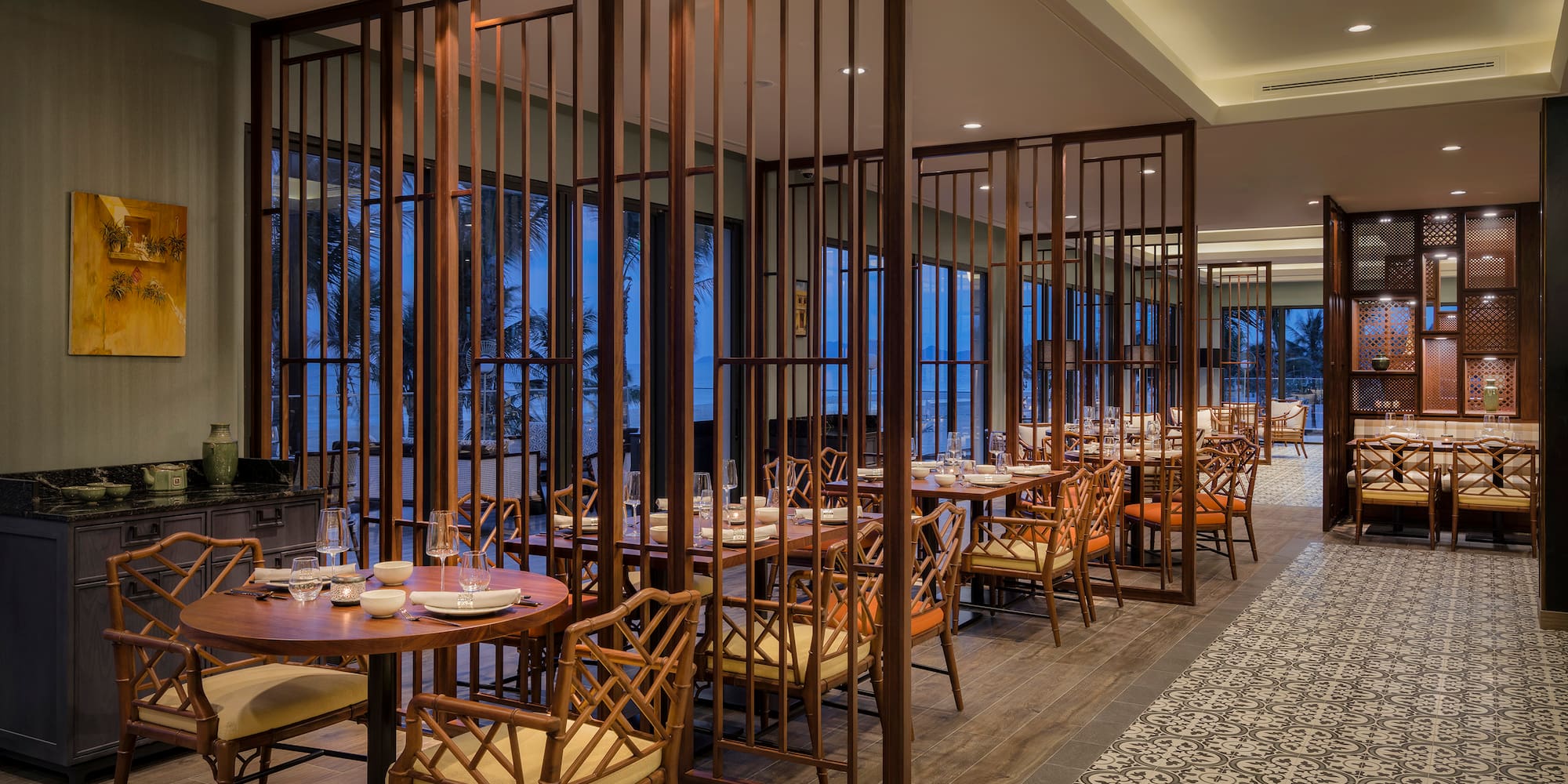 a room with tables and chairs