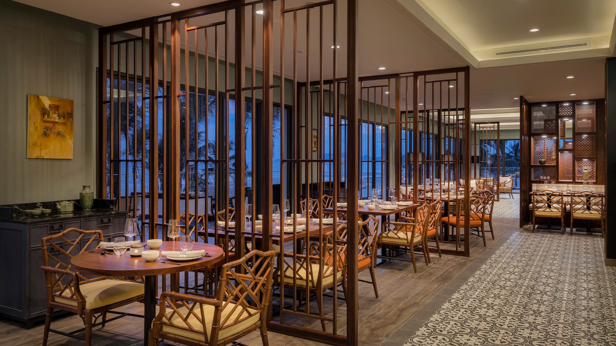 a room with tables and chairs