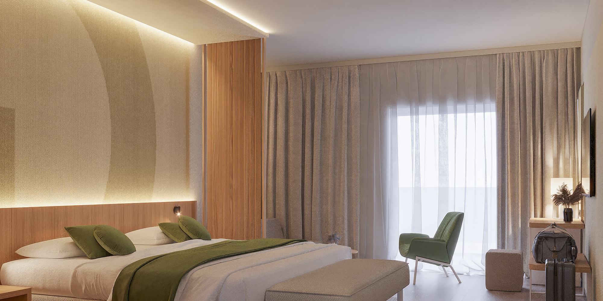 a bedroom with a bed and a chair