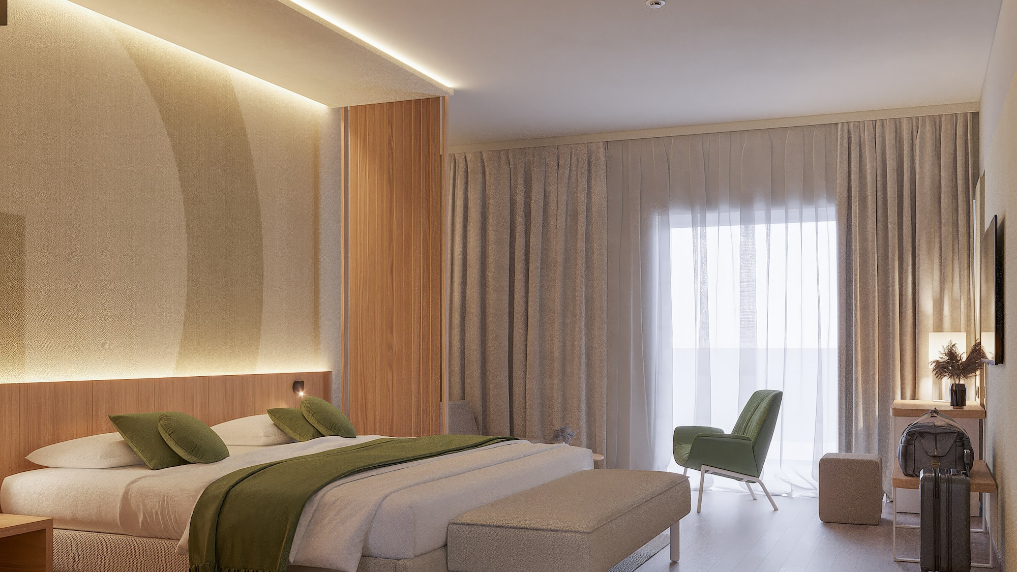 a bedroom with a bed and a chair