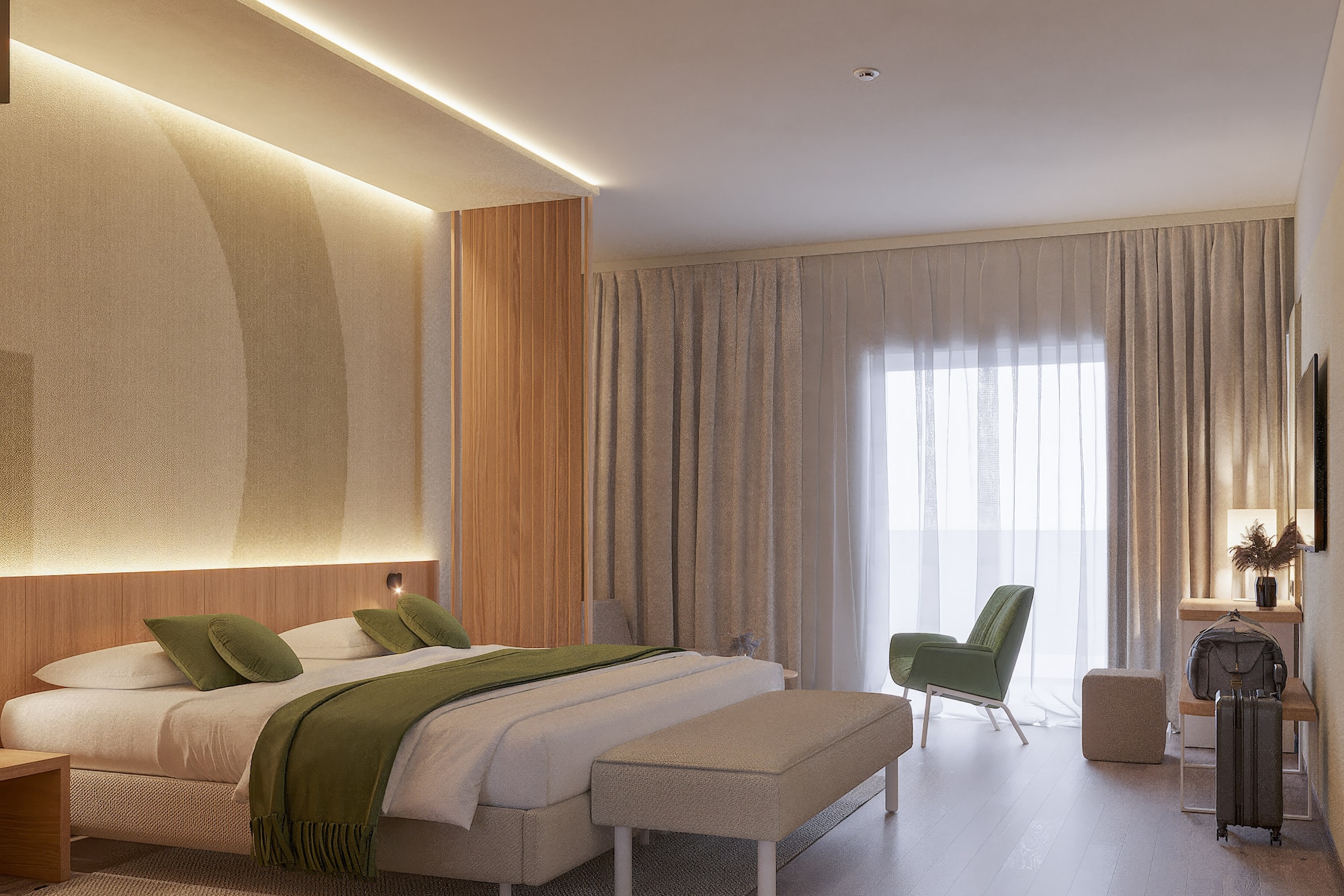 a bedroom with a bed and a chair