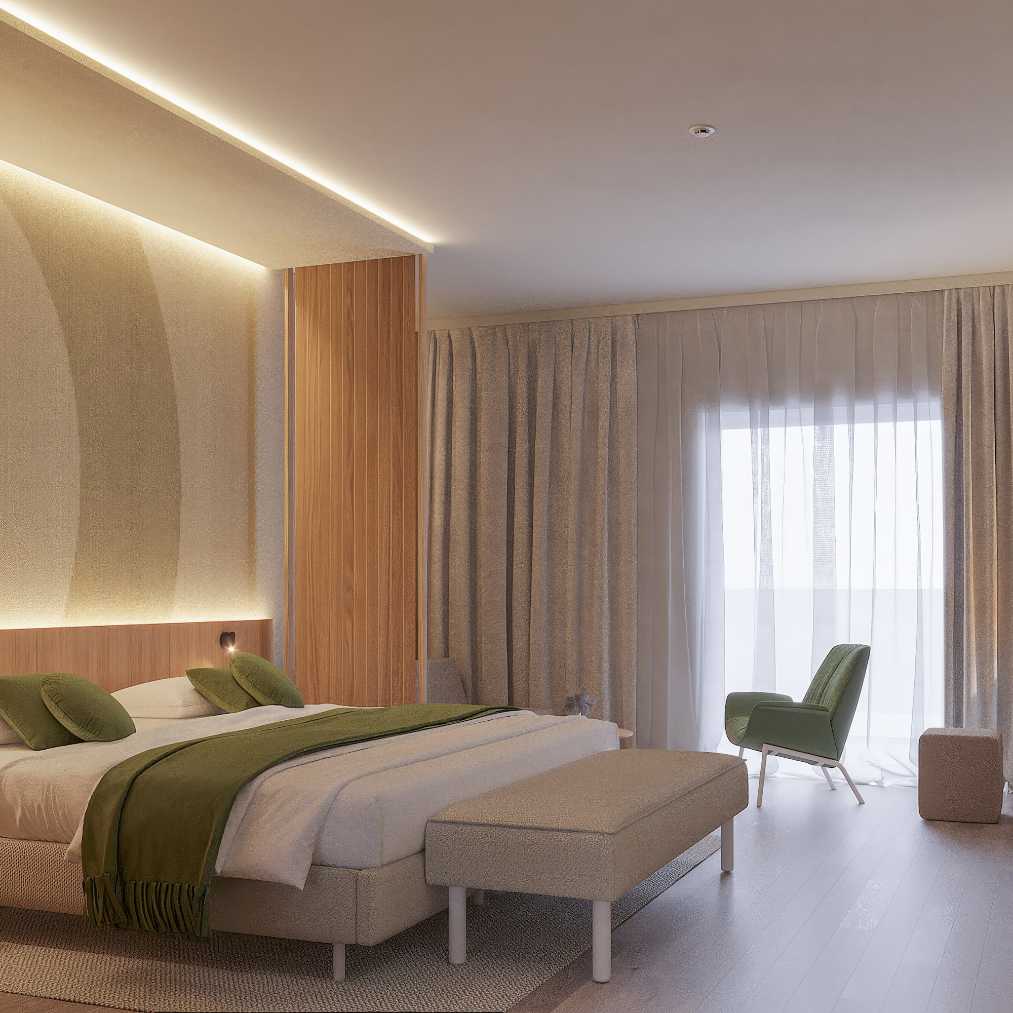 a bedroom with a bed and a chair