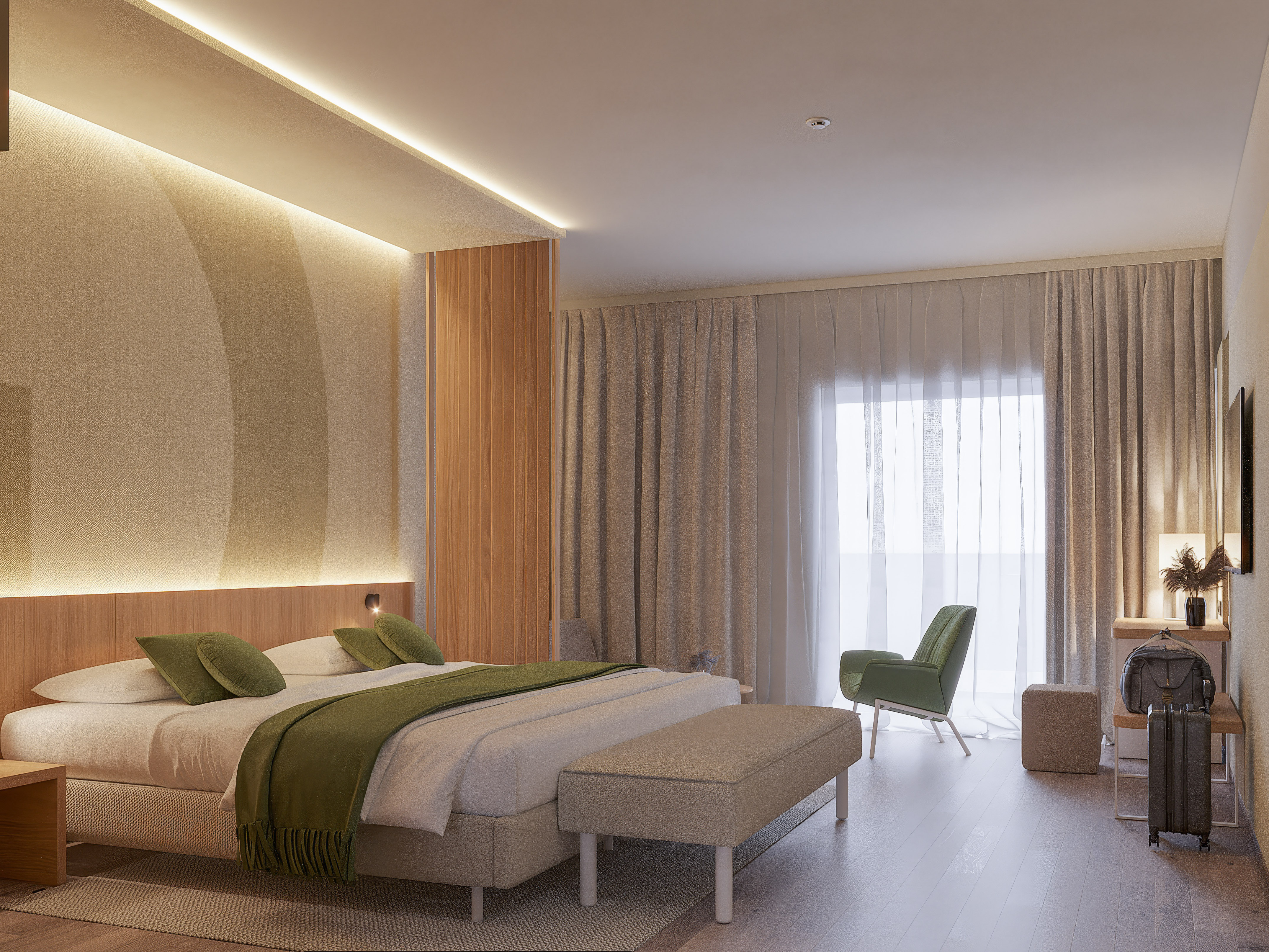 a bedroom with a bed and a chair