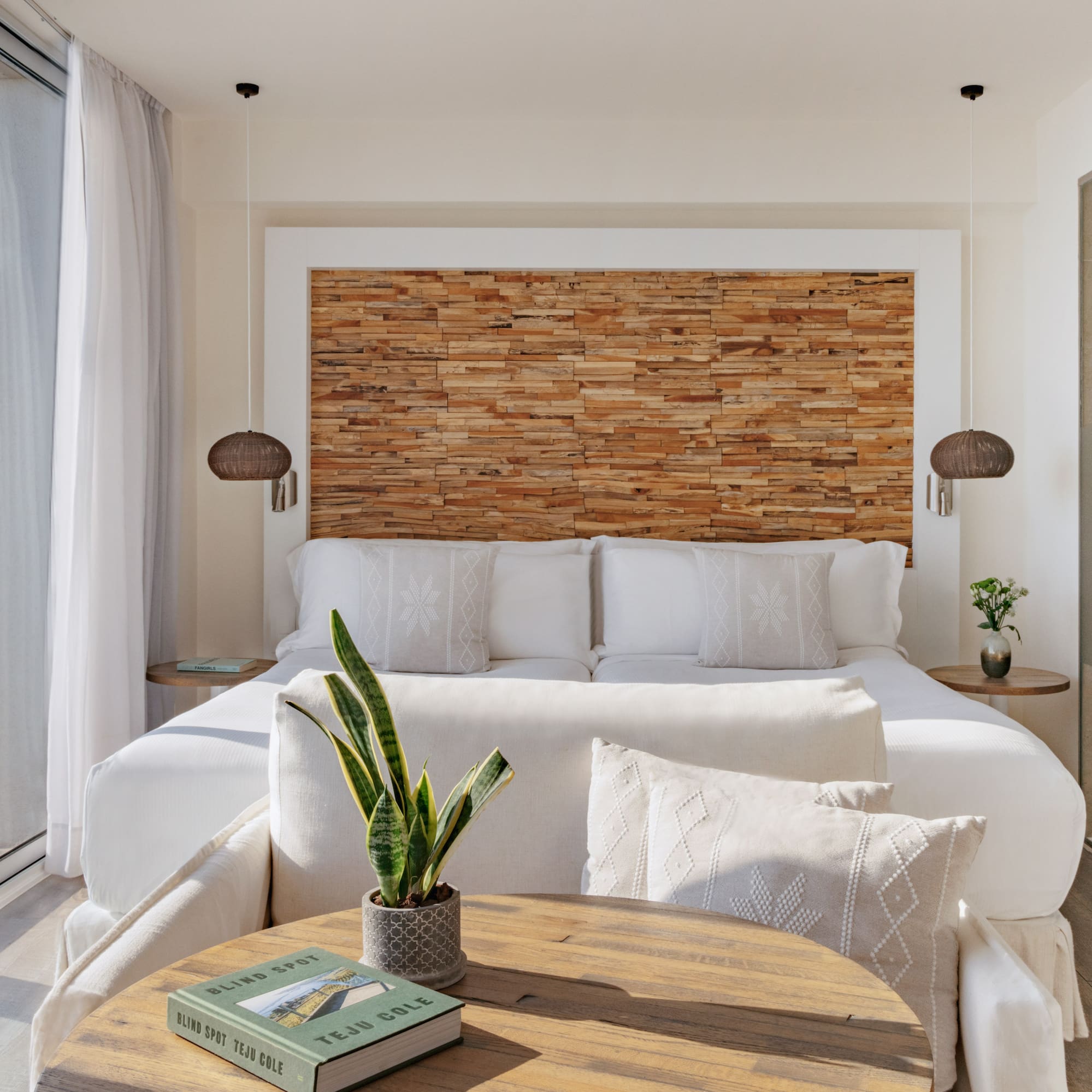 a room with a bed and a table