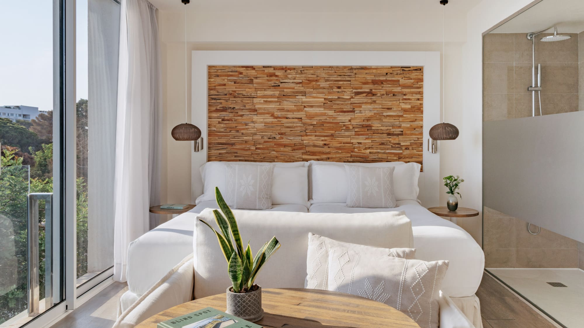 a room with a bed and a table