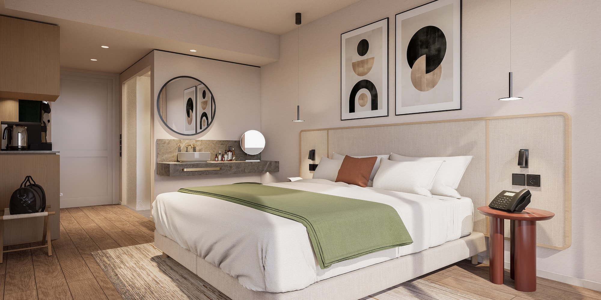 a bedroom with a bed and a sink and a mirror