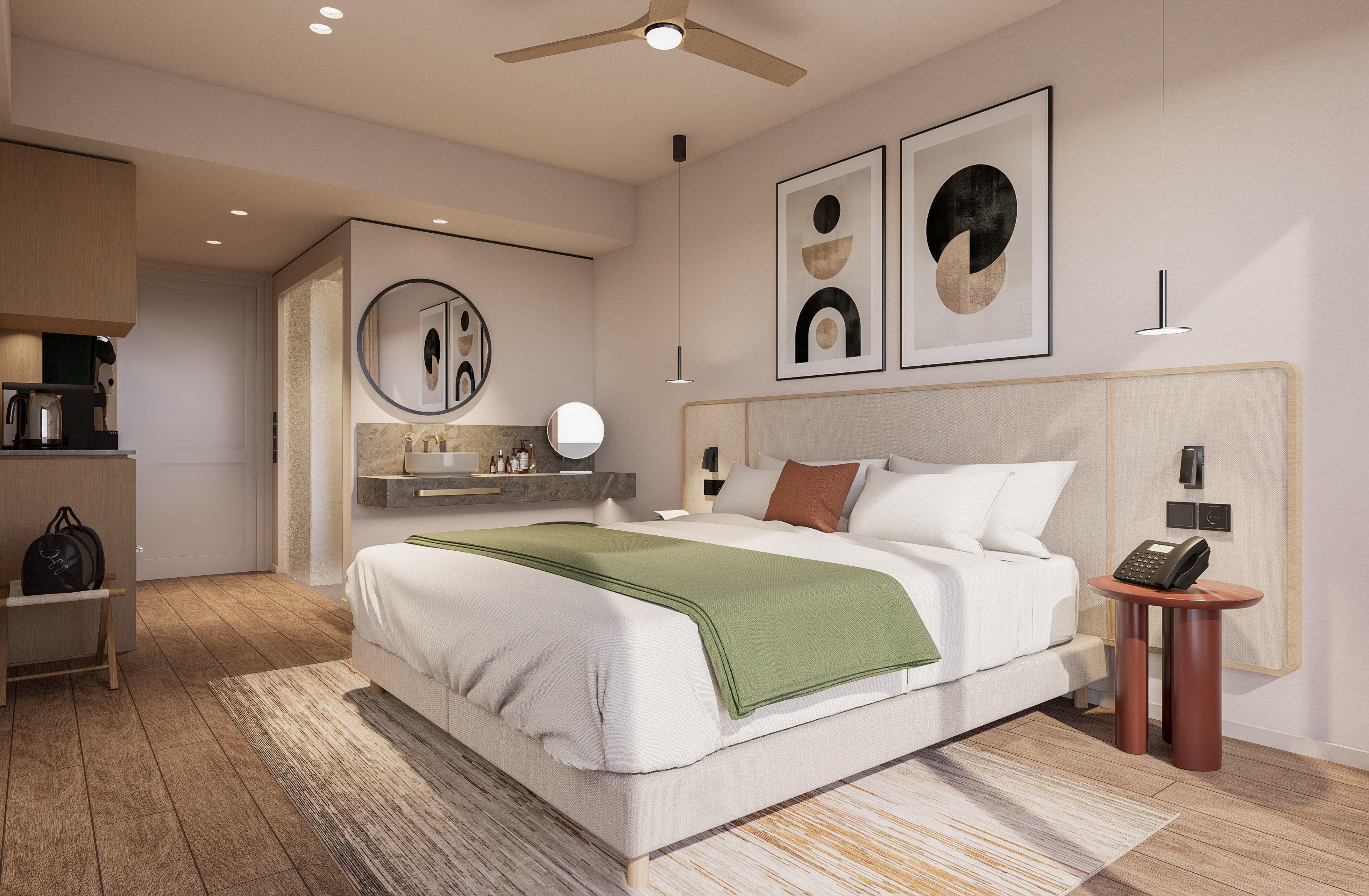 a bedroom with a bed and a sink and a mirror