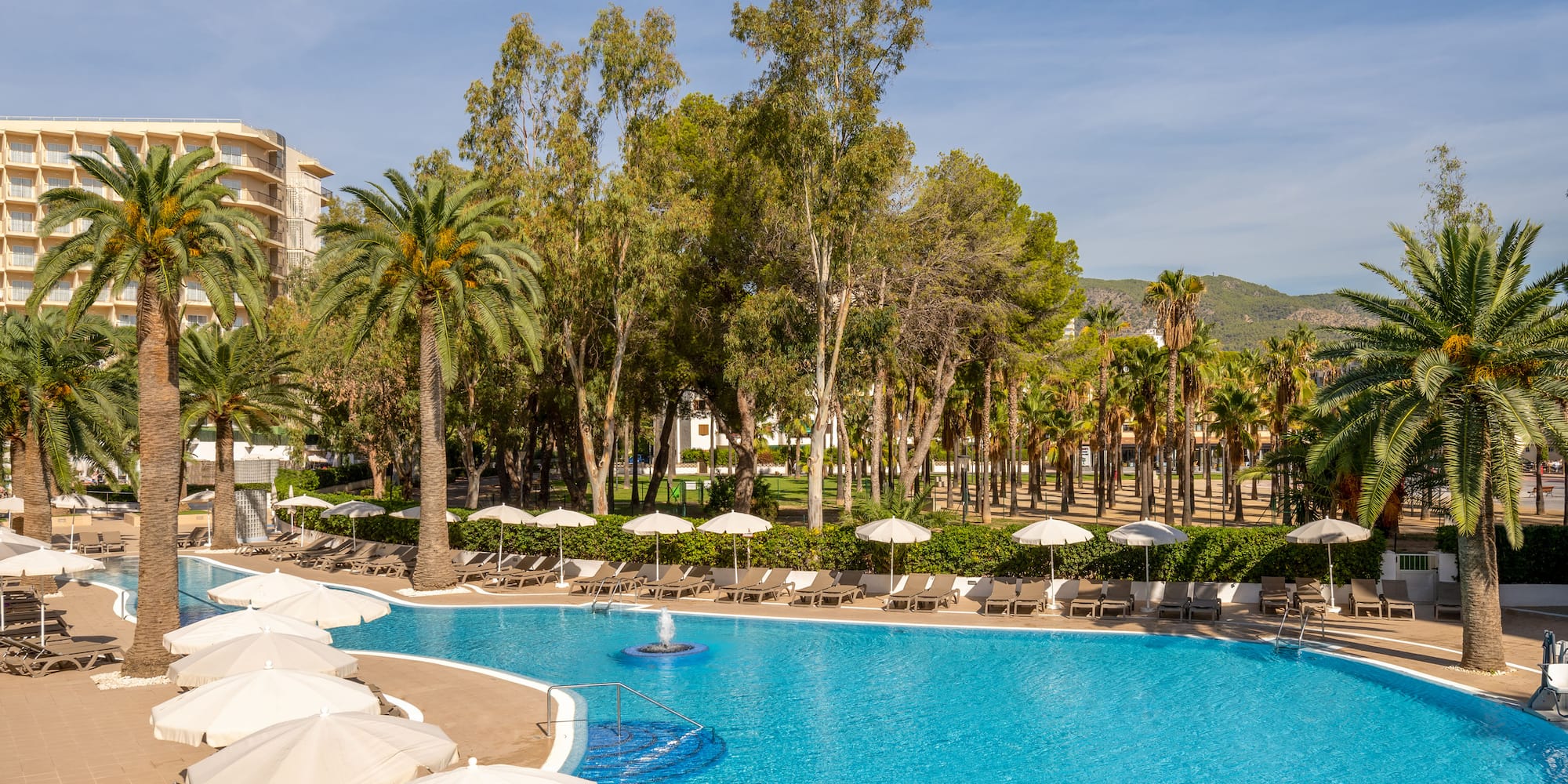 a pool with umbrellas and palm trees