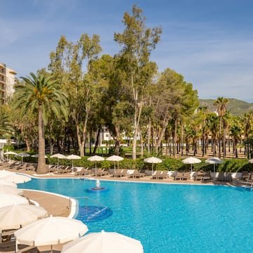 a pool with umbrellas and palm trees