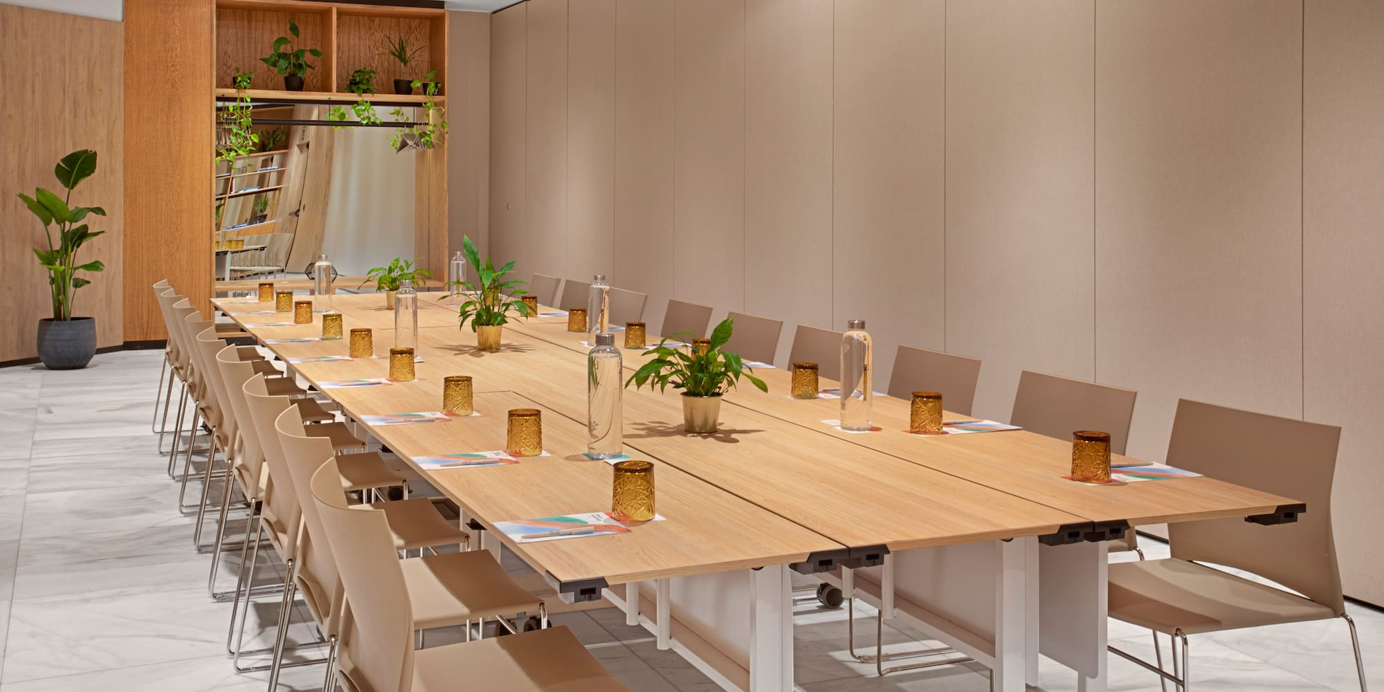 a long table with plants on it