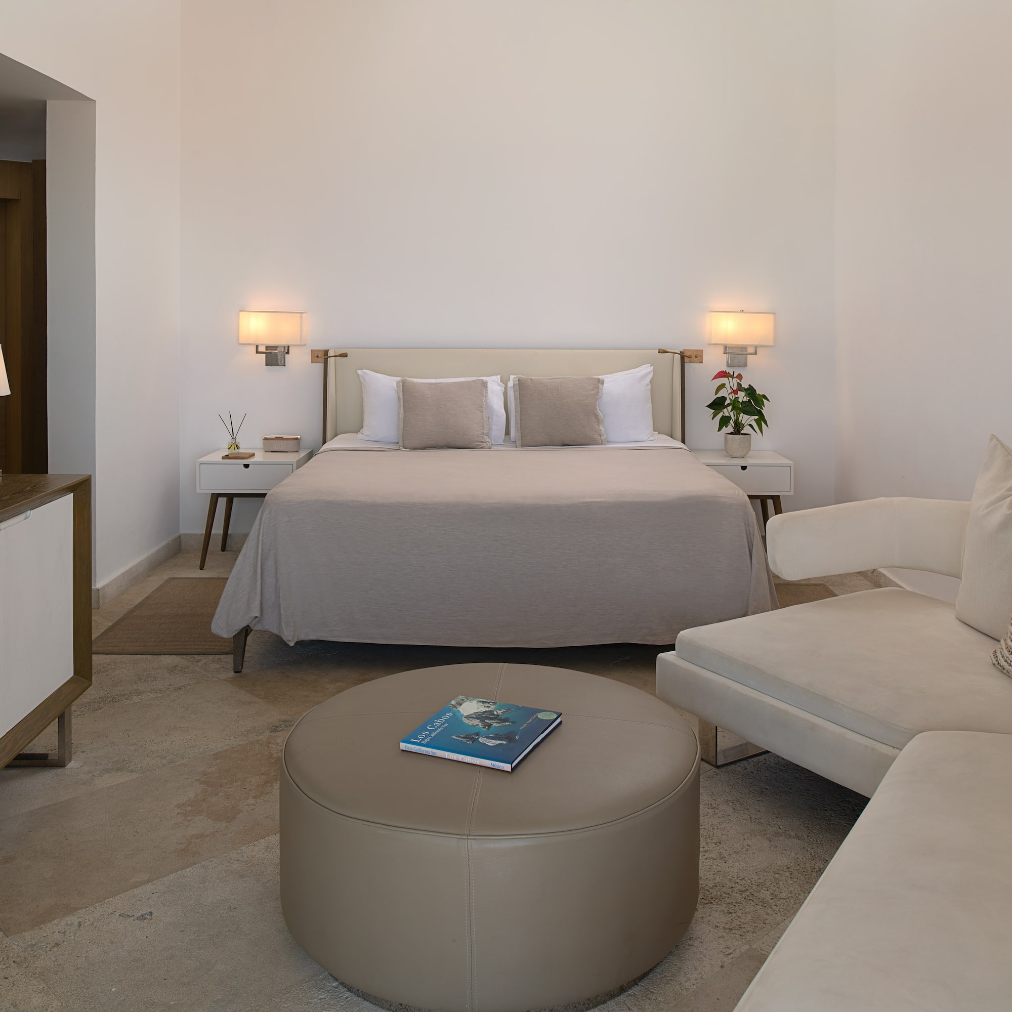 a bedroom with a bed and a couch