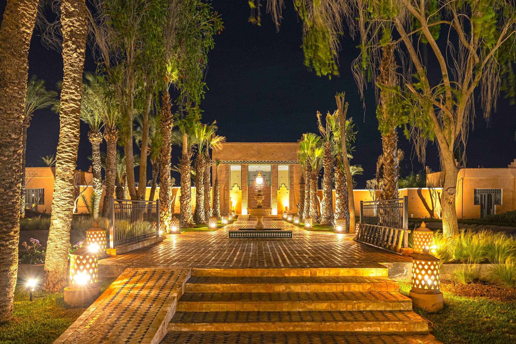 a walkway with trees and lights at night