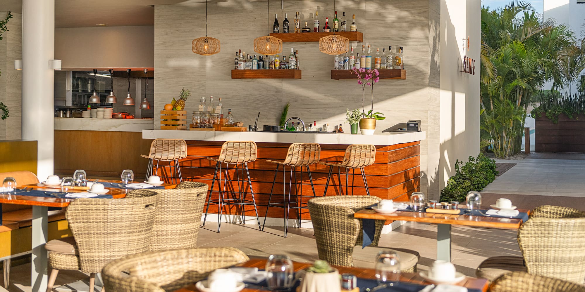 Tropical resort bar and outdoor dining area with wicker chairs and modern decor. - Santé, Cuisine internationale - Paradisus Los Cabos - Adults Only, Los Cabos