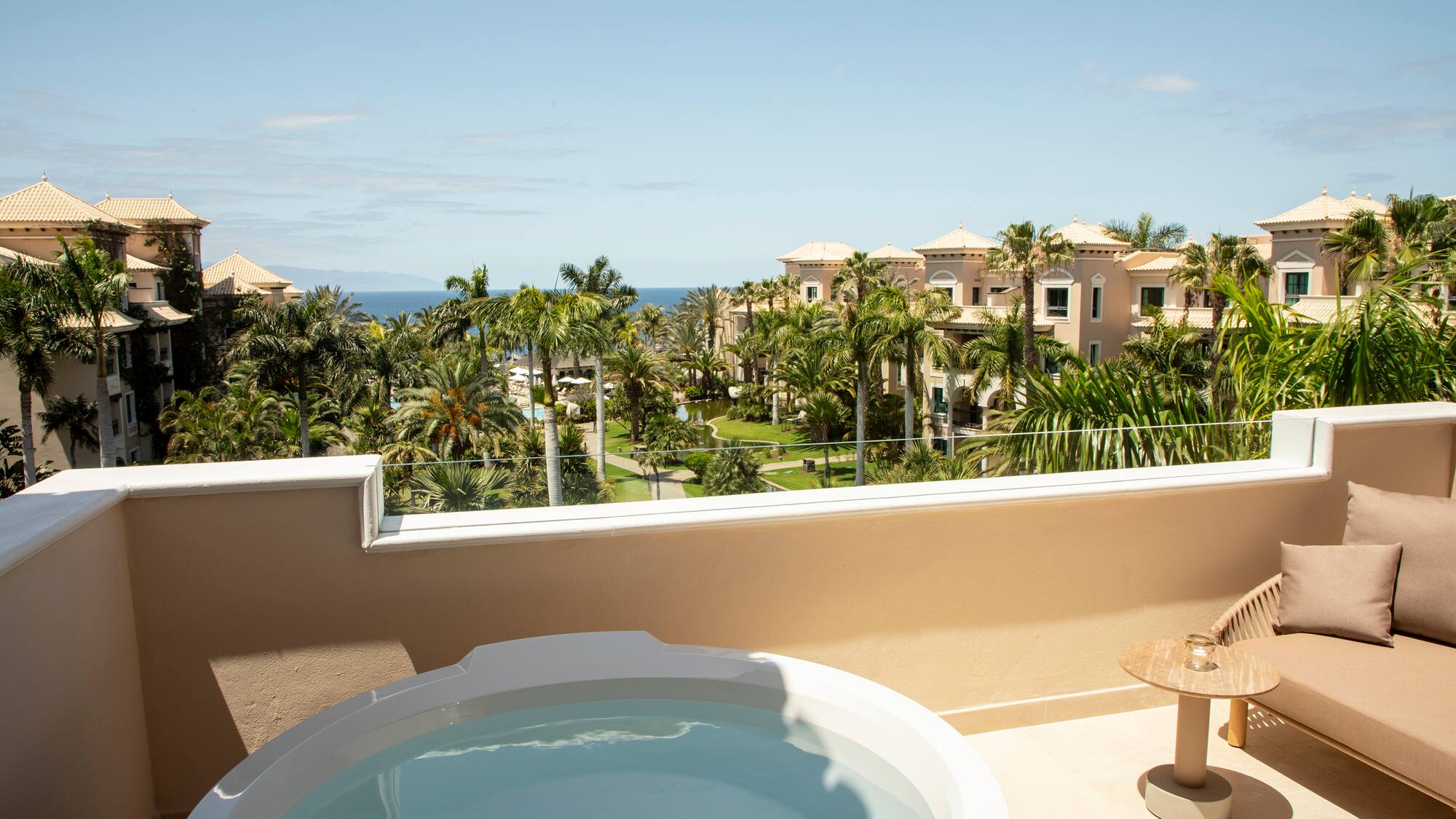 a hot tub overlooking a resort