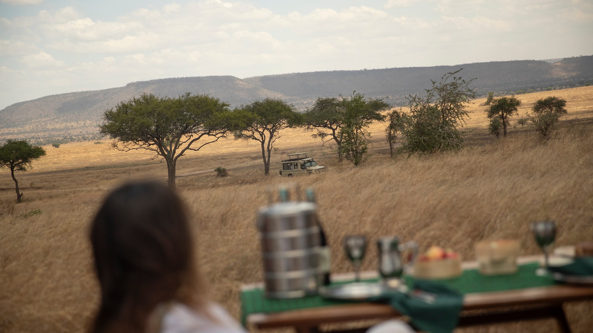 a woman sitting at a table in a field with trees and a jeep