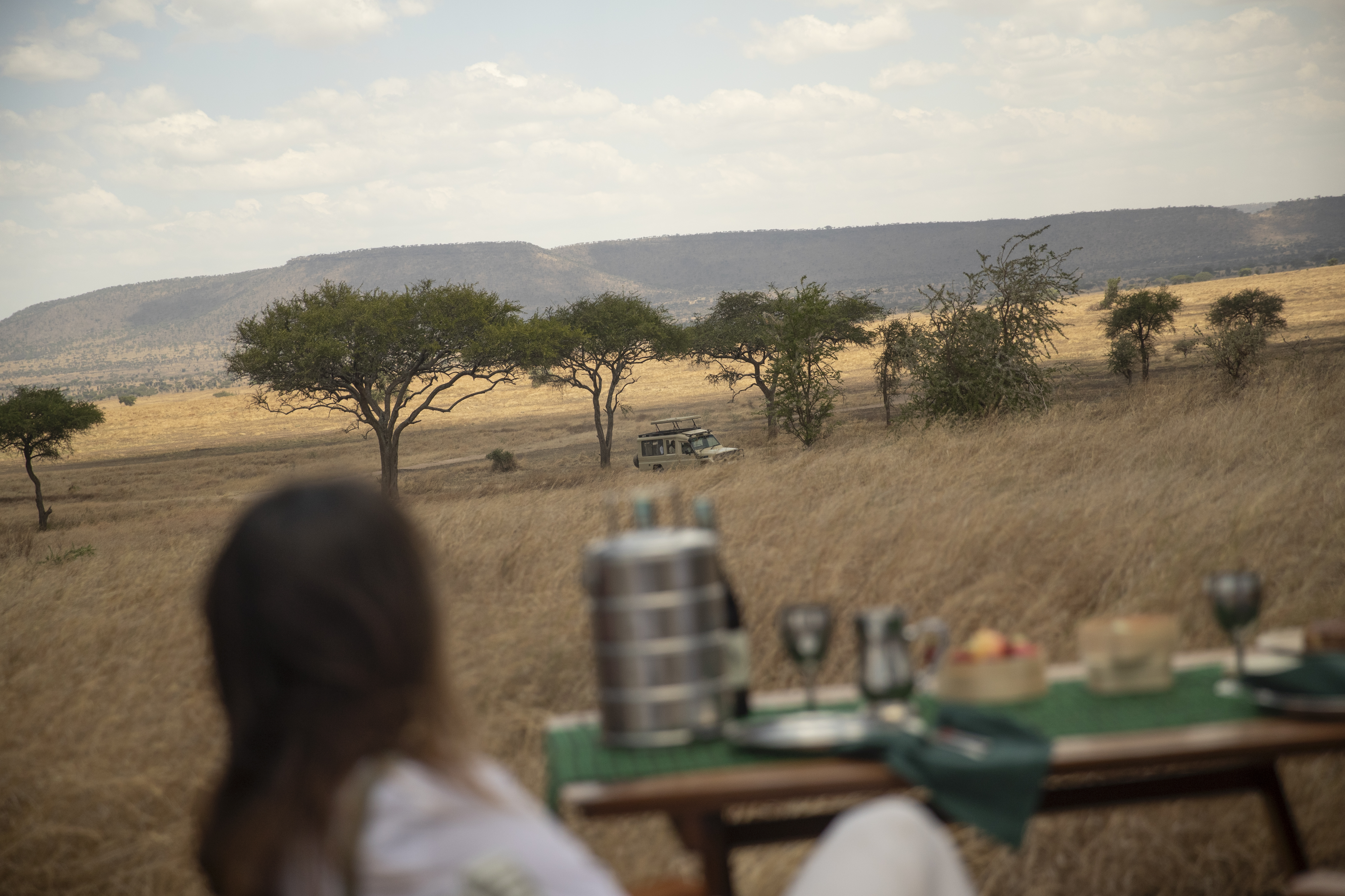 a woman sitting at a table in a field with trees and a jeep