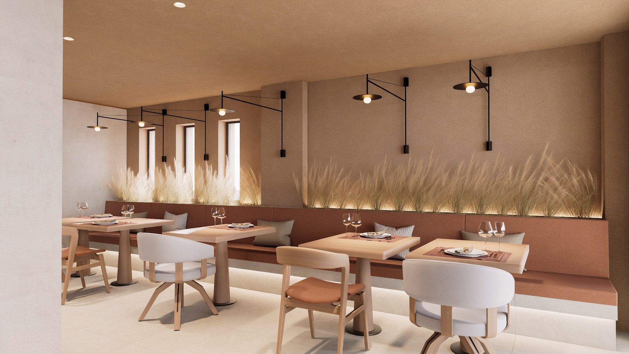 a restaurant with tables and chairs