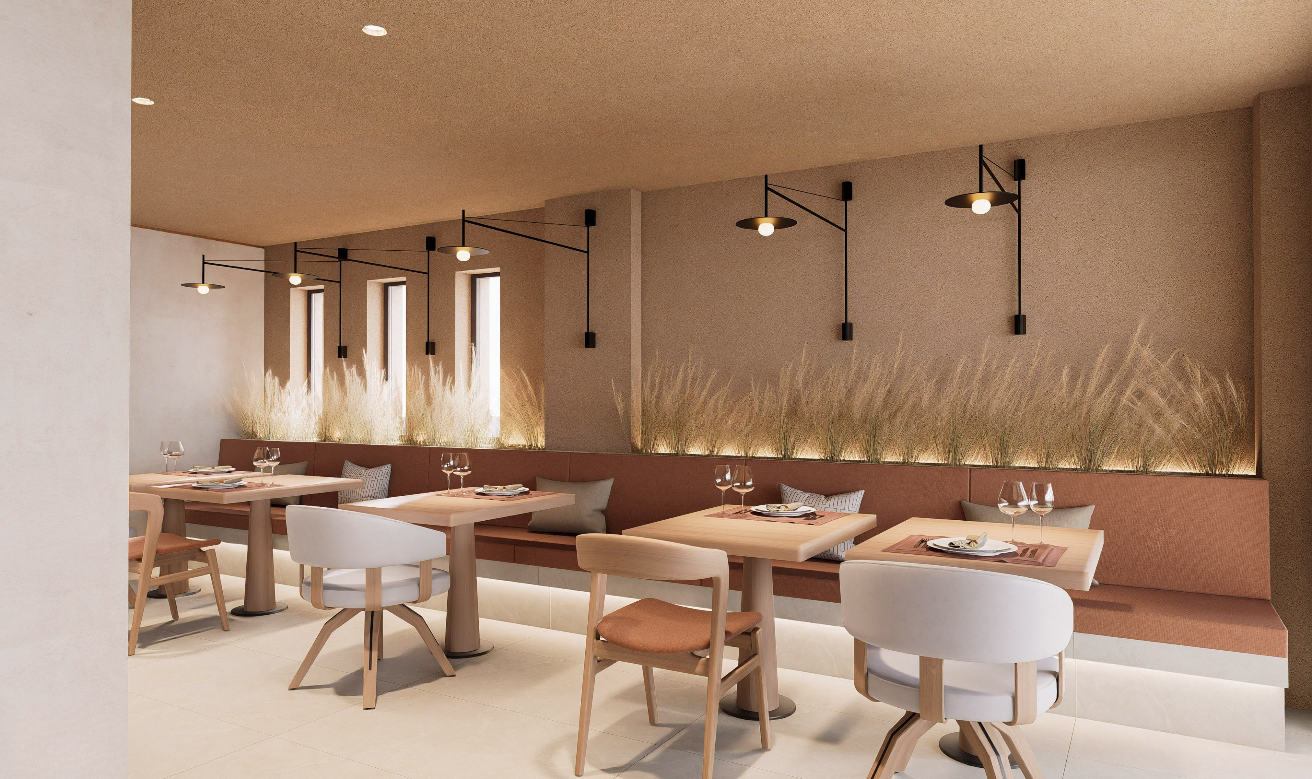 a restaurant with tables and chairs