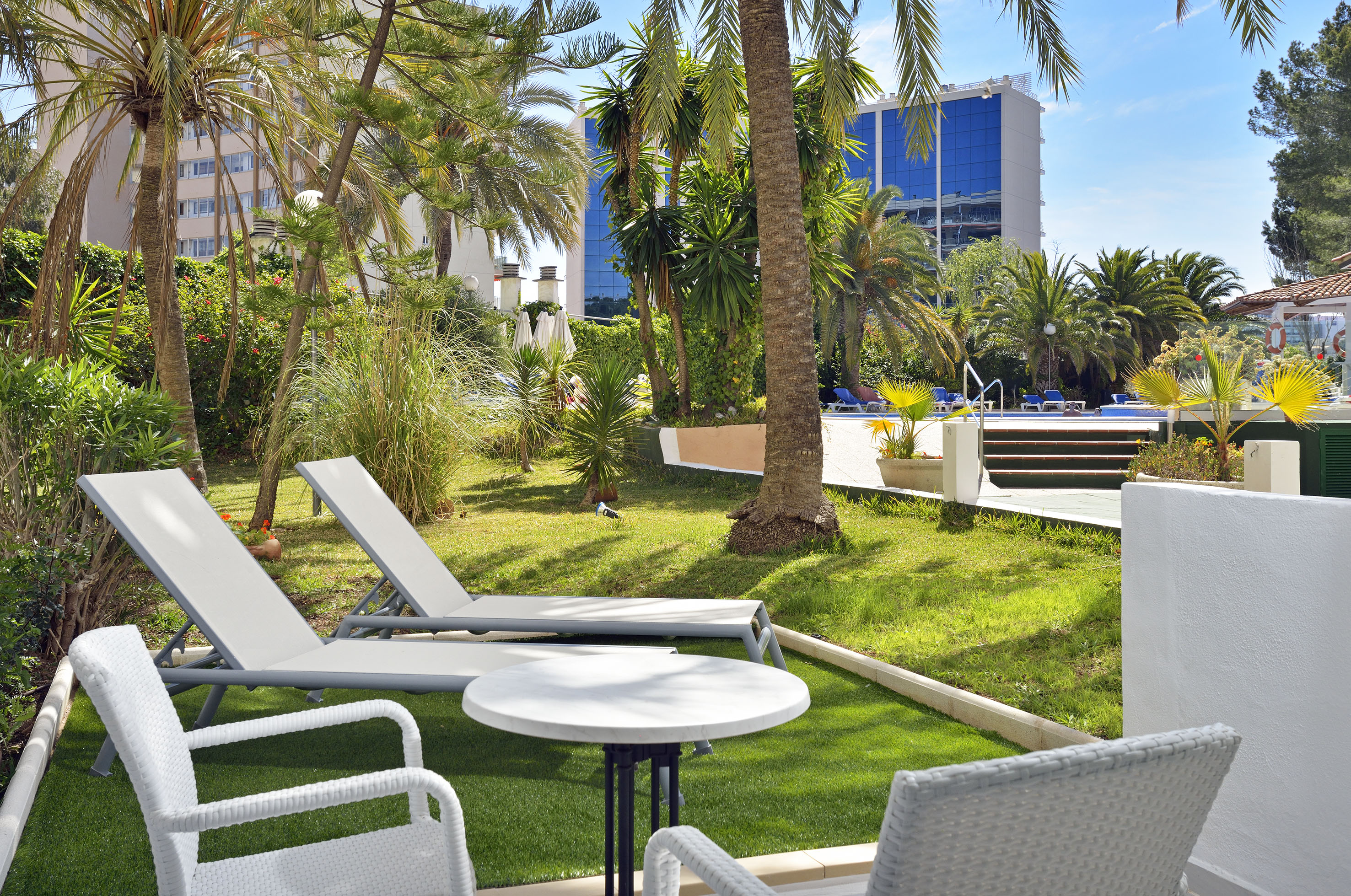 Sunny hotel terrace with lounge chairs, palm trees, and swimming pool.