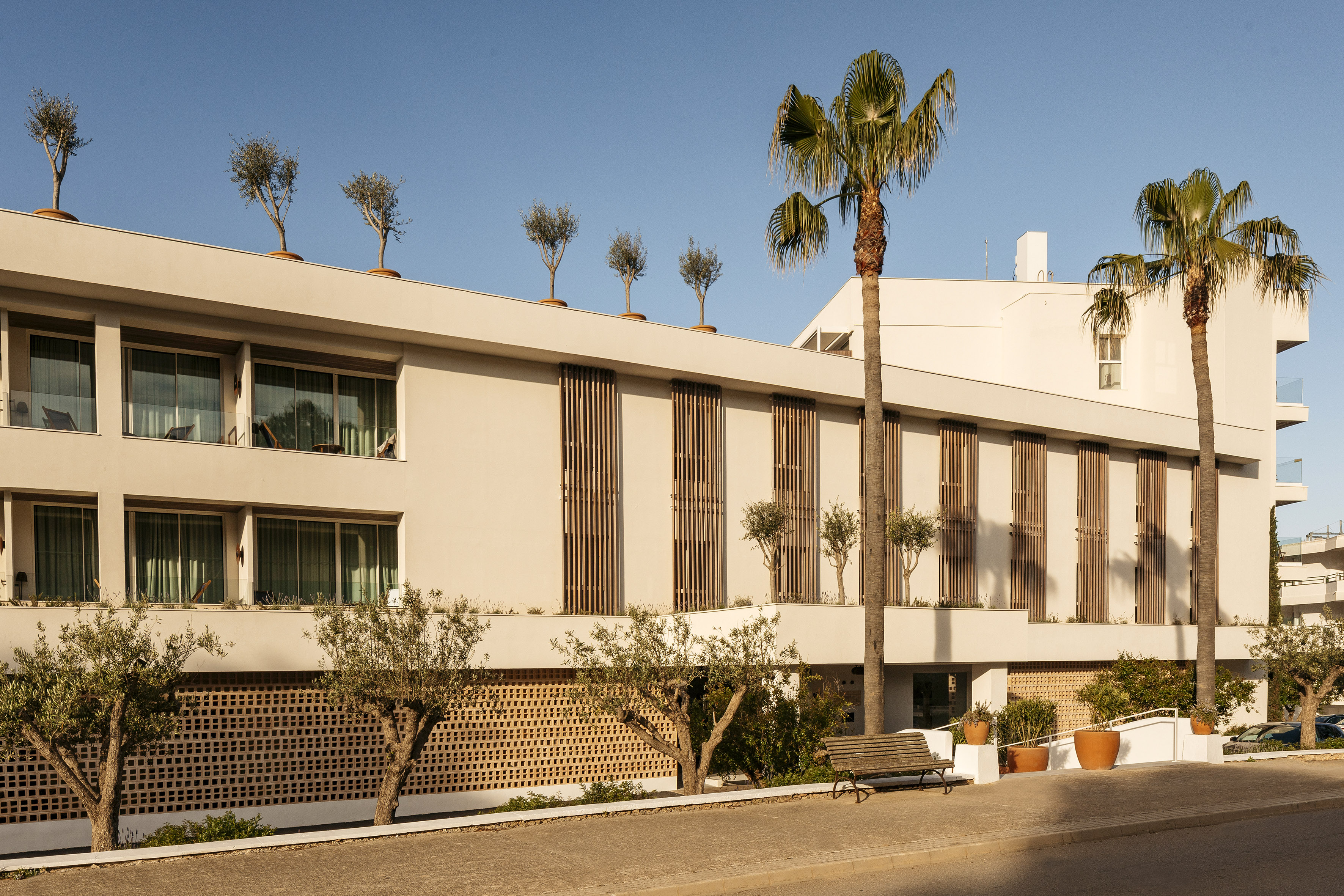 Modern hotel with palm trees, olive trees on roof, wood panels, blue sky.