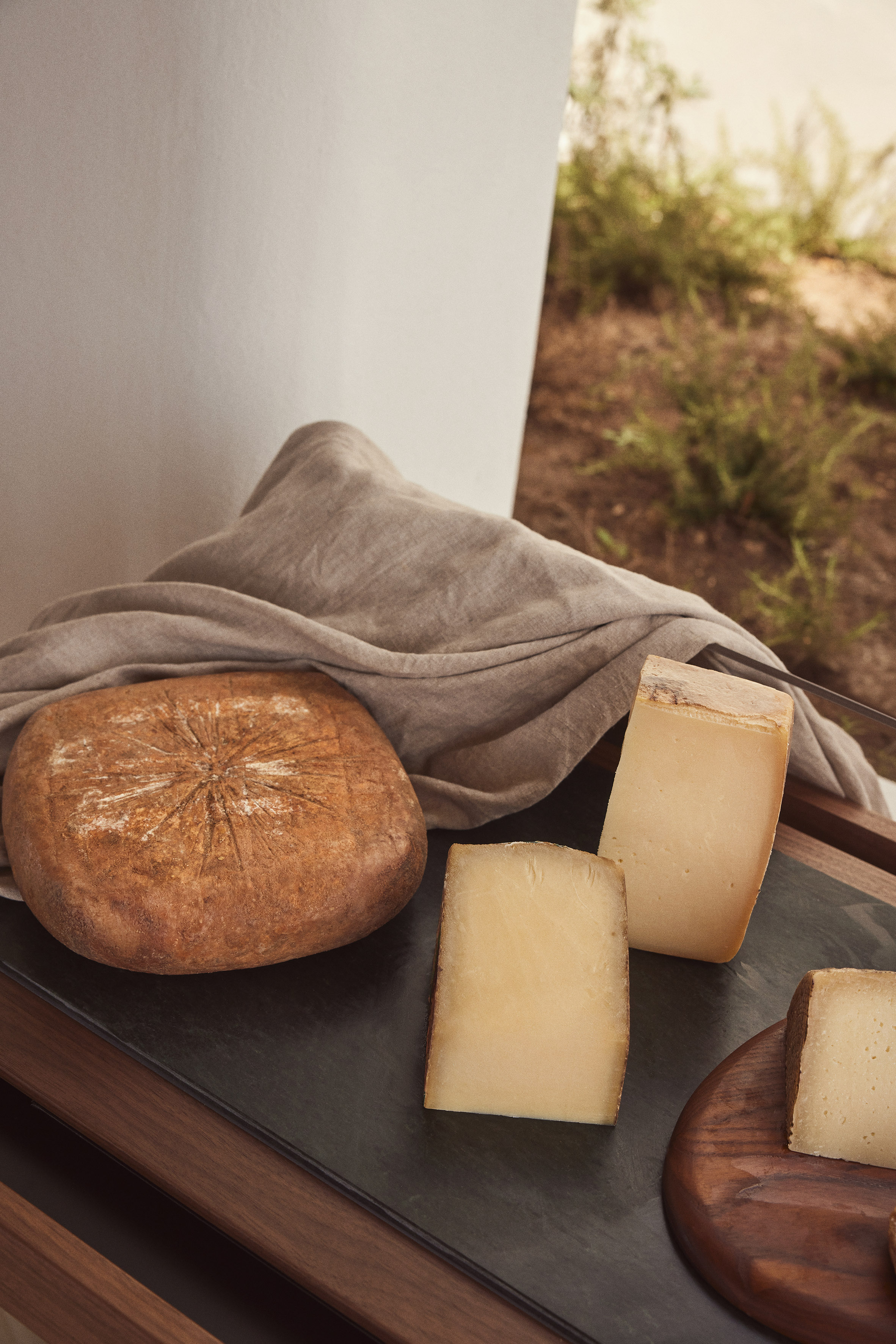 Rueda de queso artesanal y cuñas en tabla de pizarra, con fondo de naturaleza.