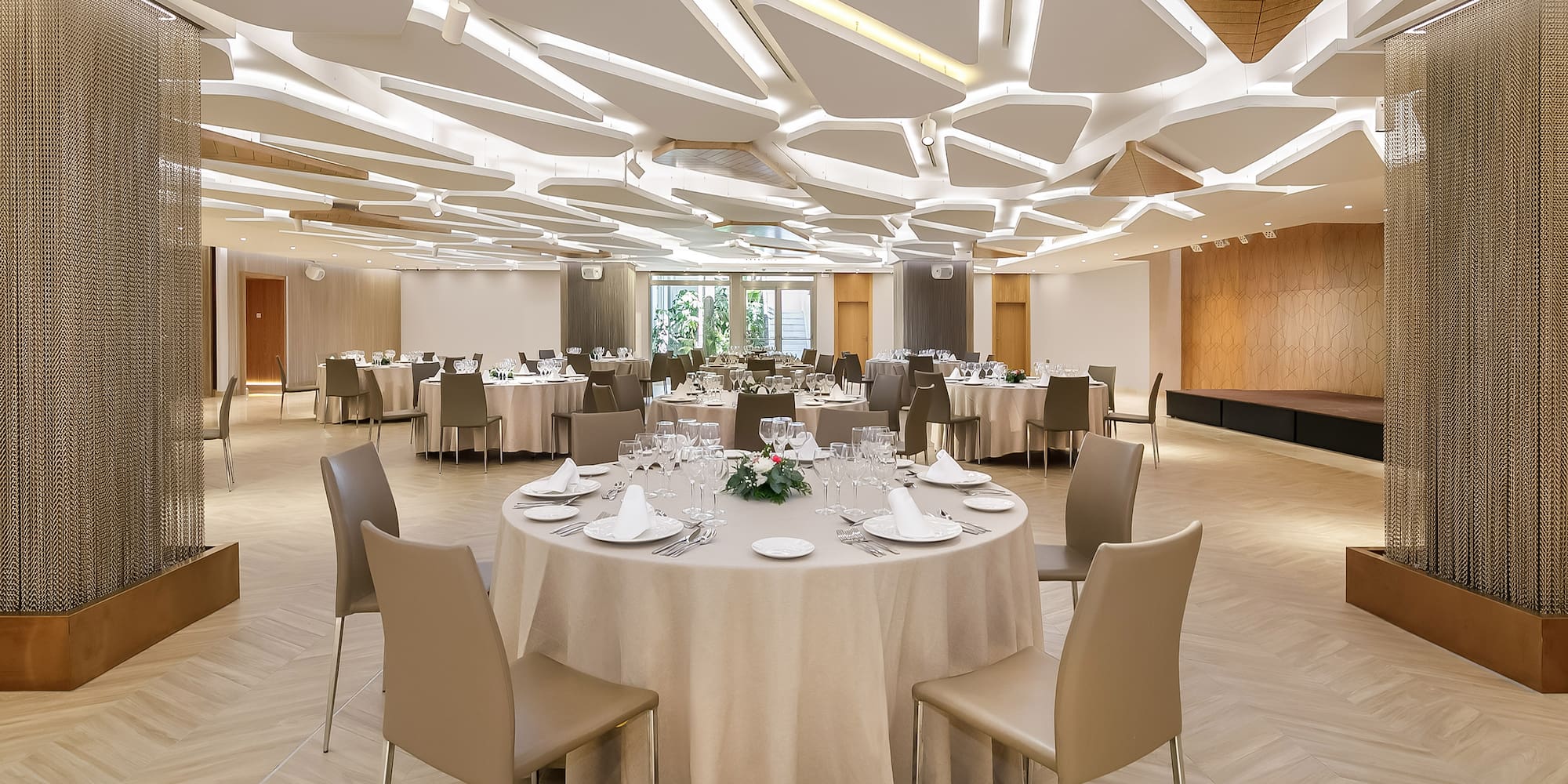 a room with tables and chairs