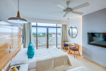 a room with a bed and a television