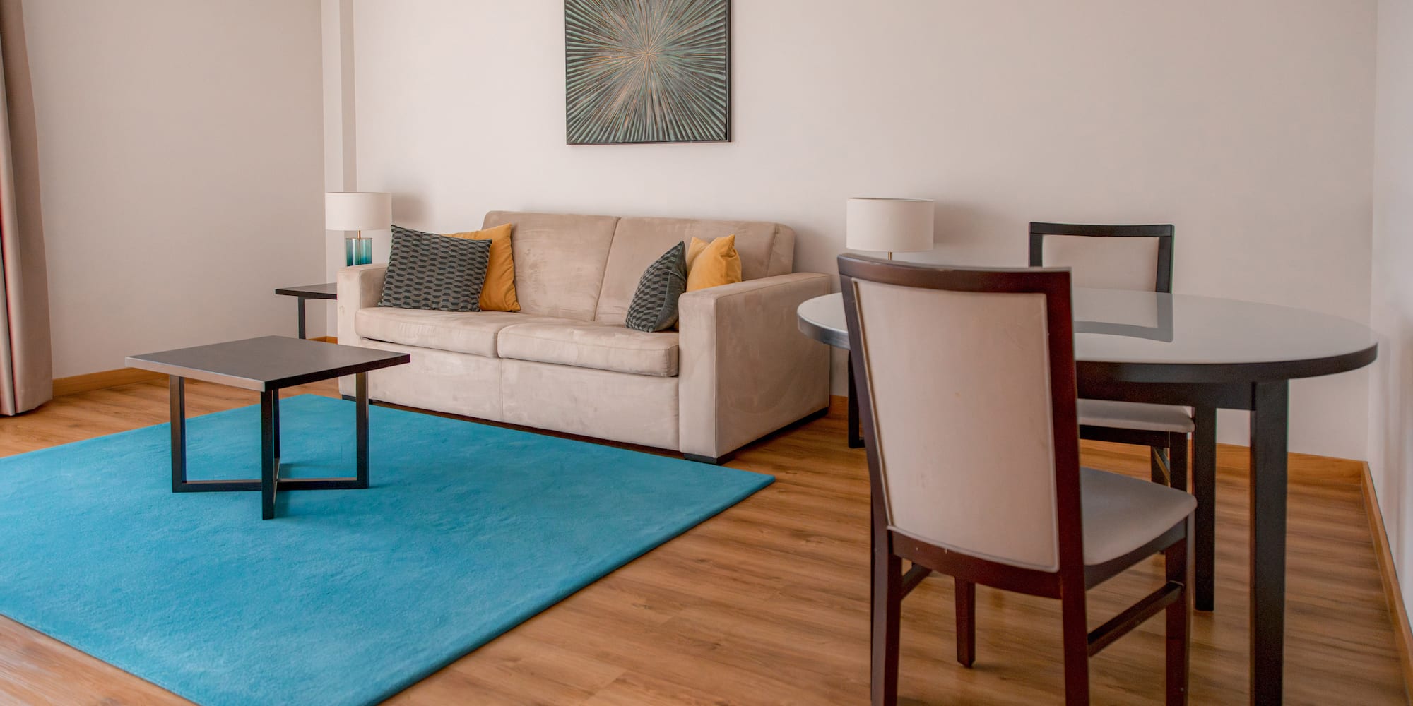 a living room with a couch and table