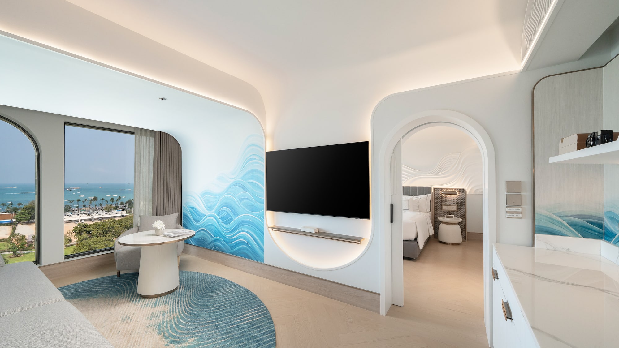 a room with a television and a table