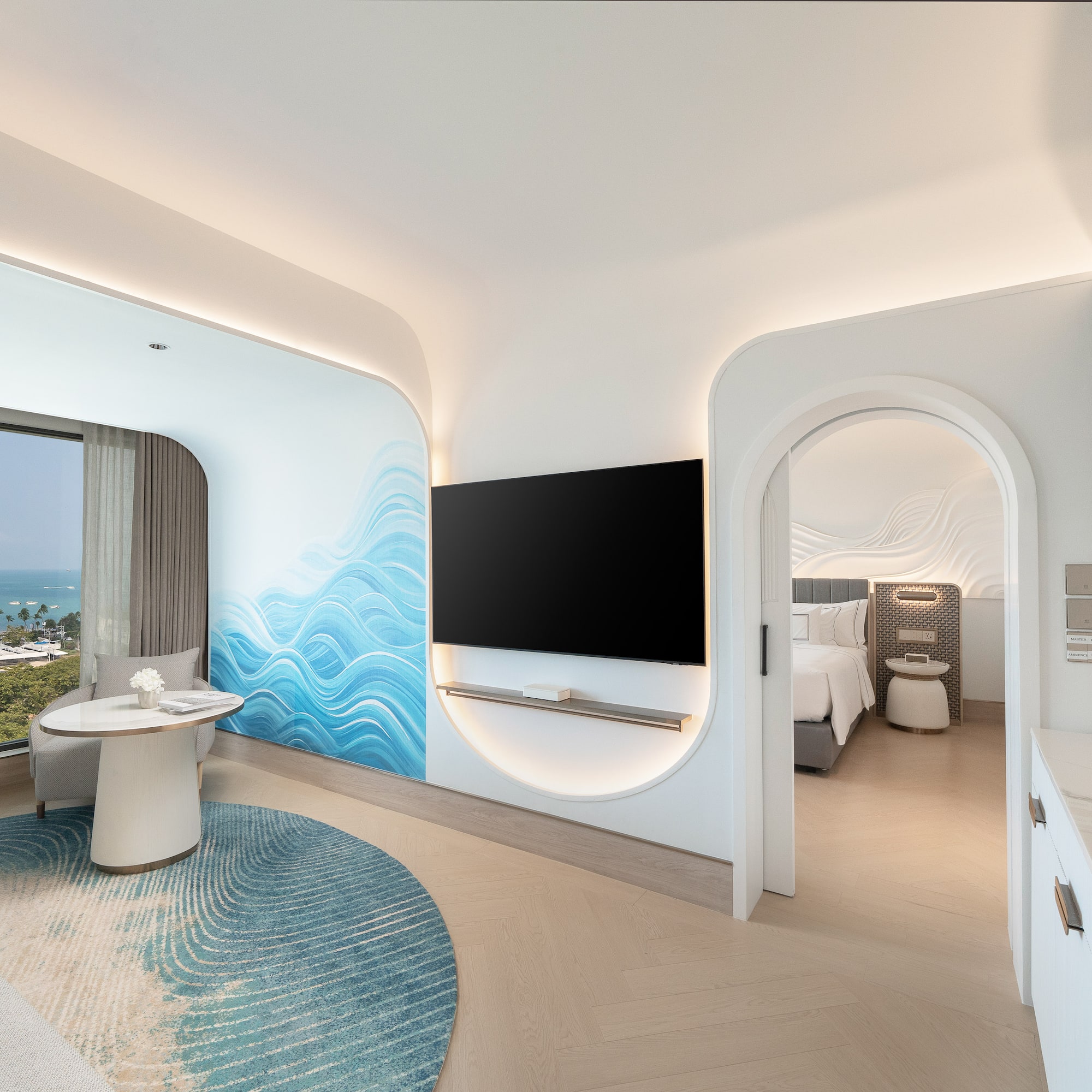 a room with a television and a table