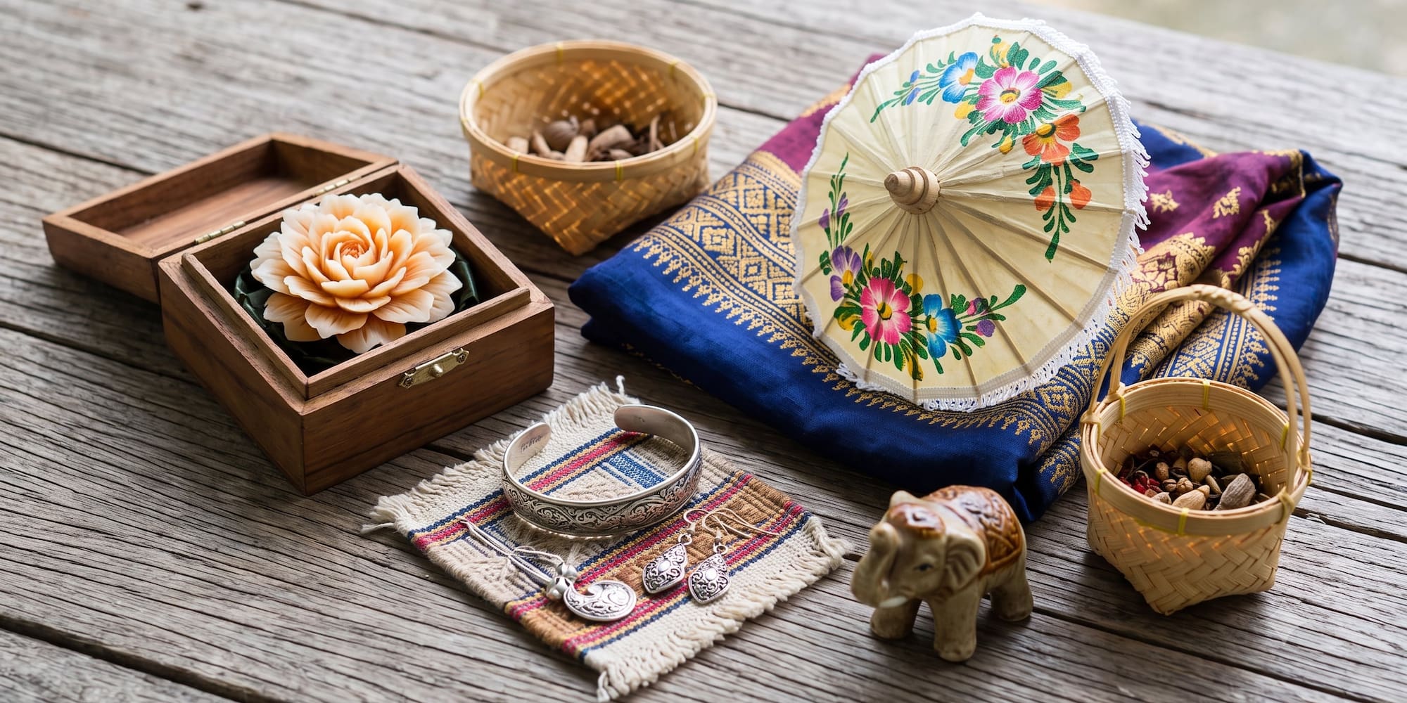 Thai crafts: Carved soap flower, floral umbrella, patterned fabric, silver jewelry.