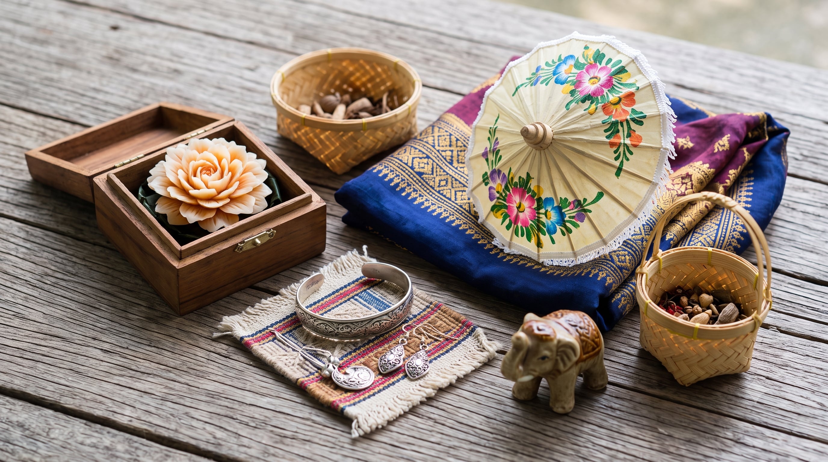Thai crafts: Carved soap flower, floral umbrella, patterned fabric, silver jewelry.