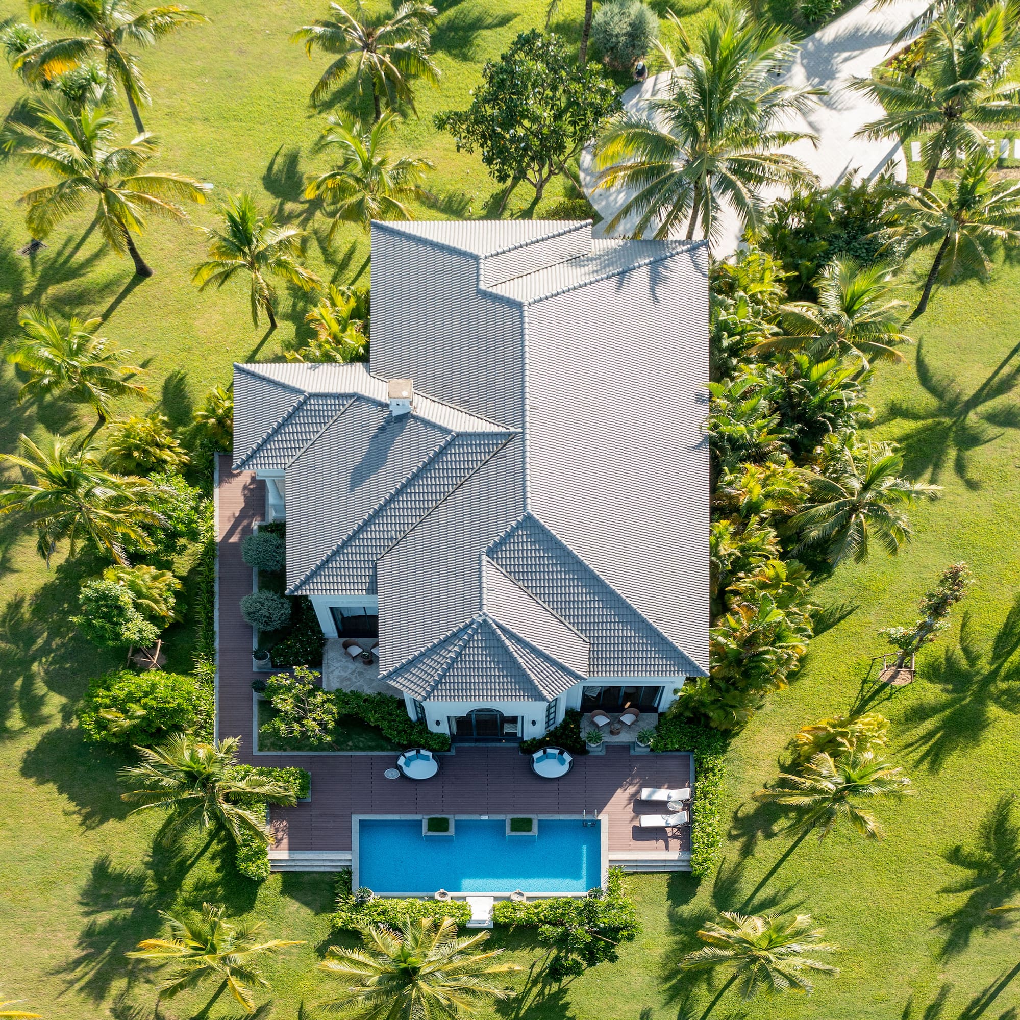 a house with a pool surrounded by palm trees