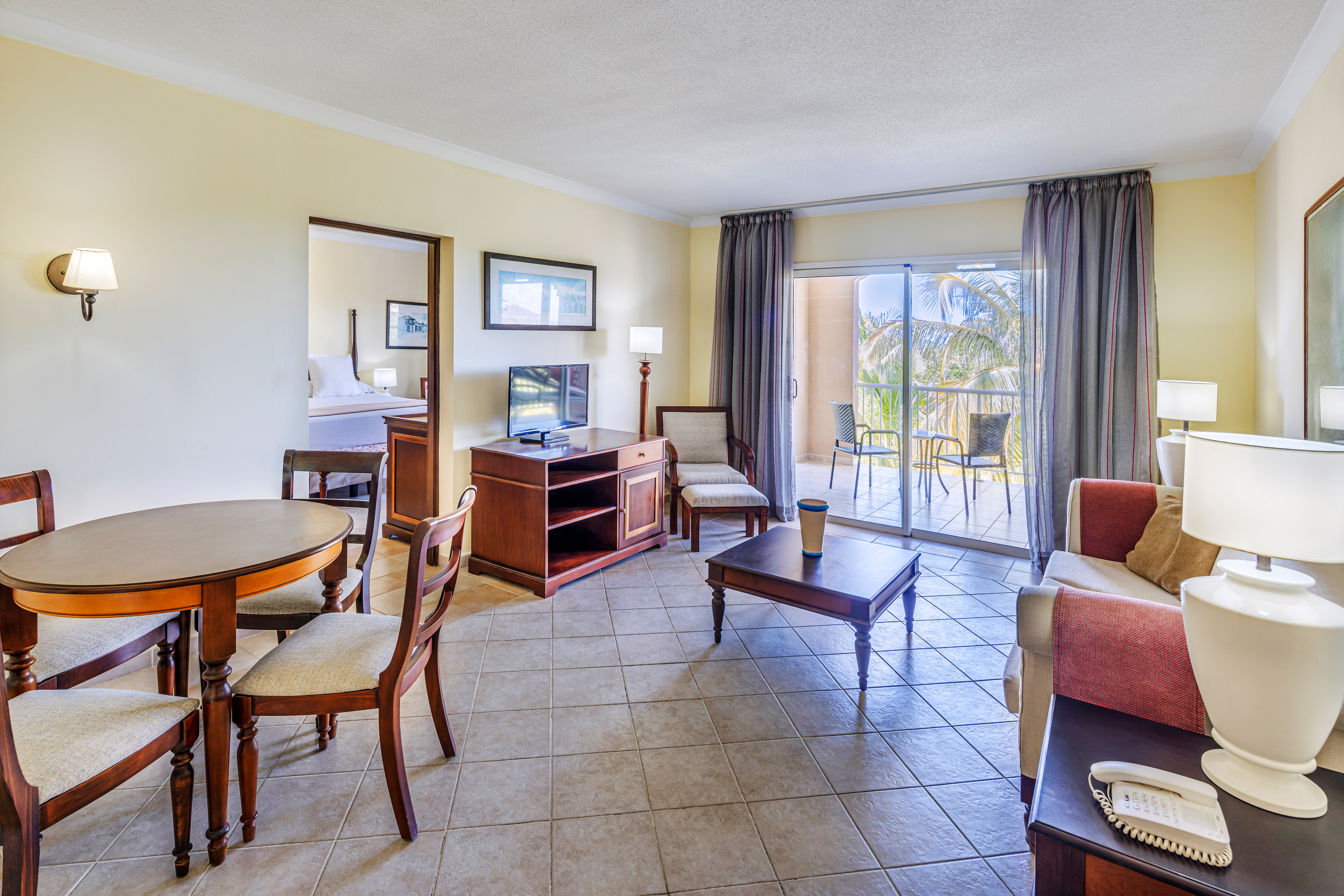 a room with a television and a table