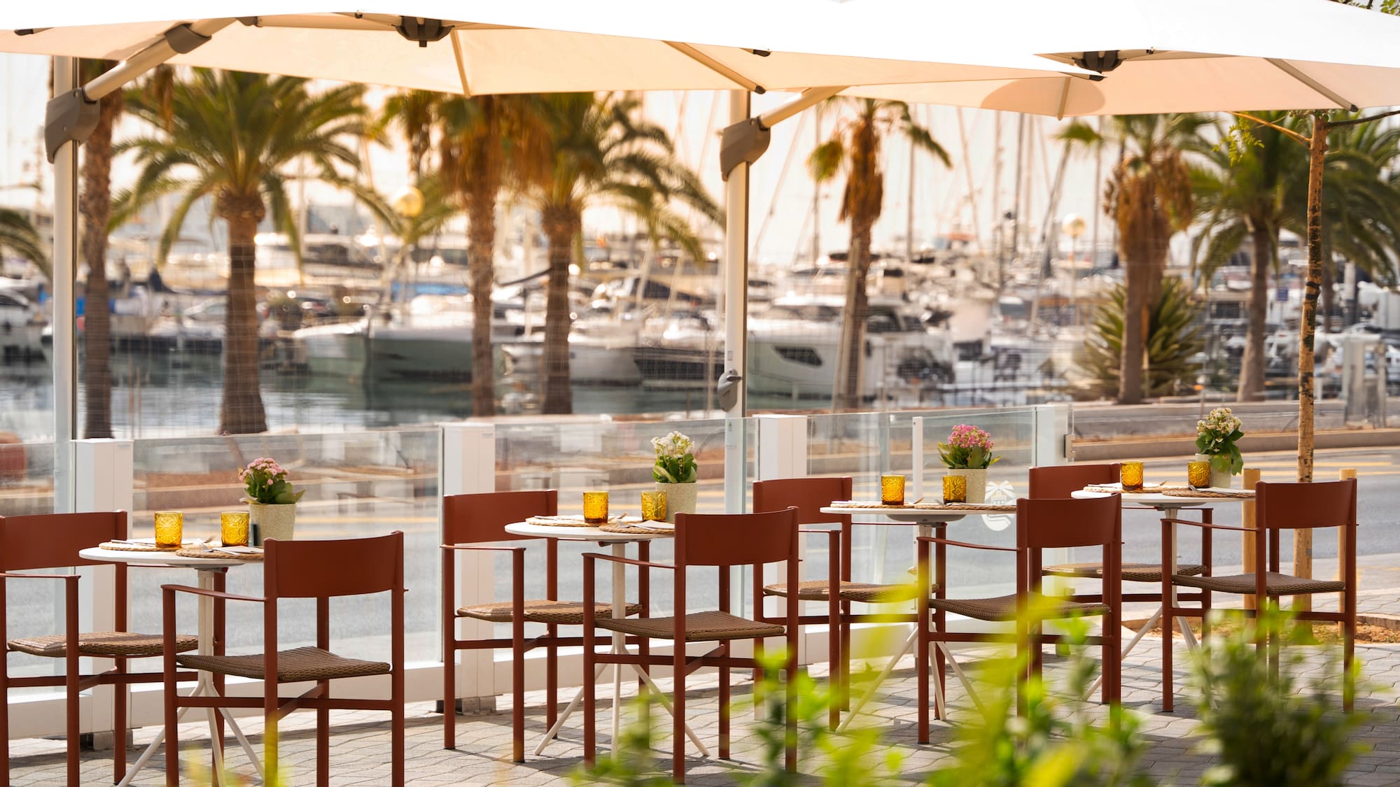 a table and chairs outside with boats in the background