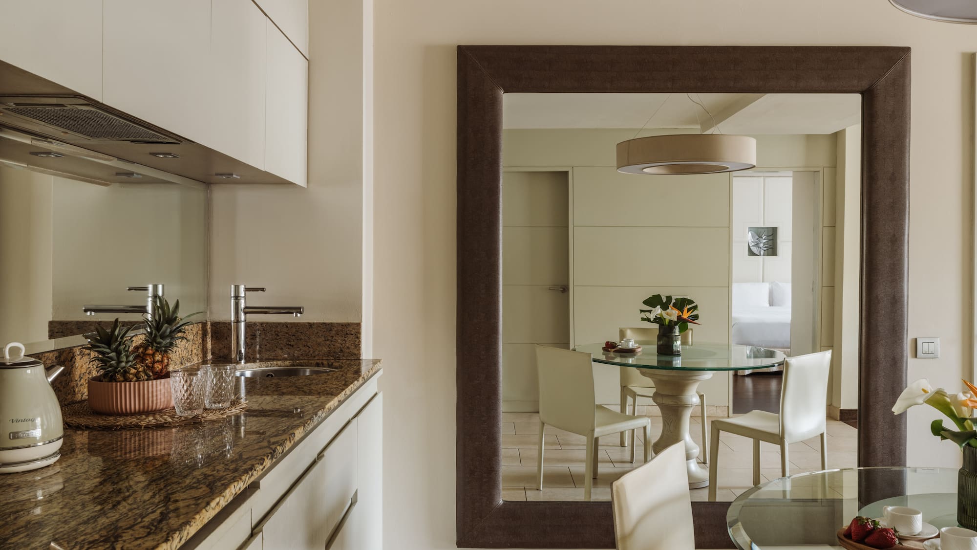 a mirror in a kitchen