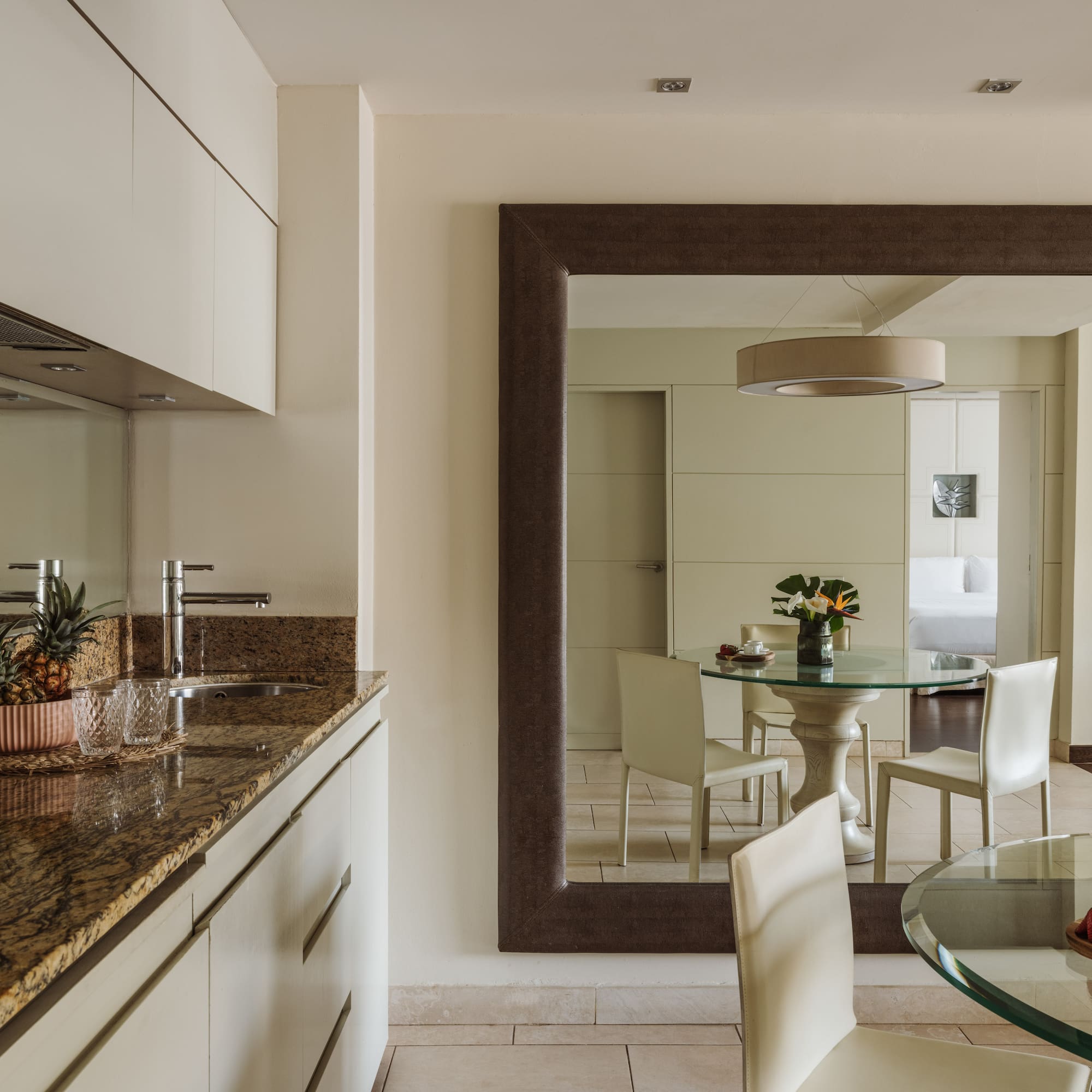 a mirror in a kitchen